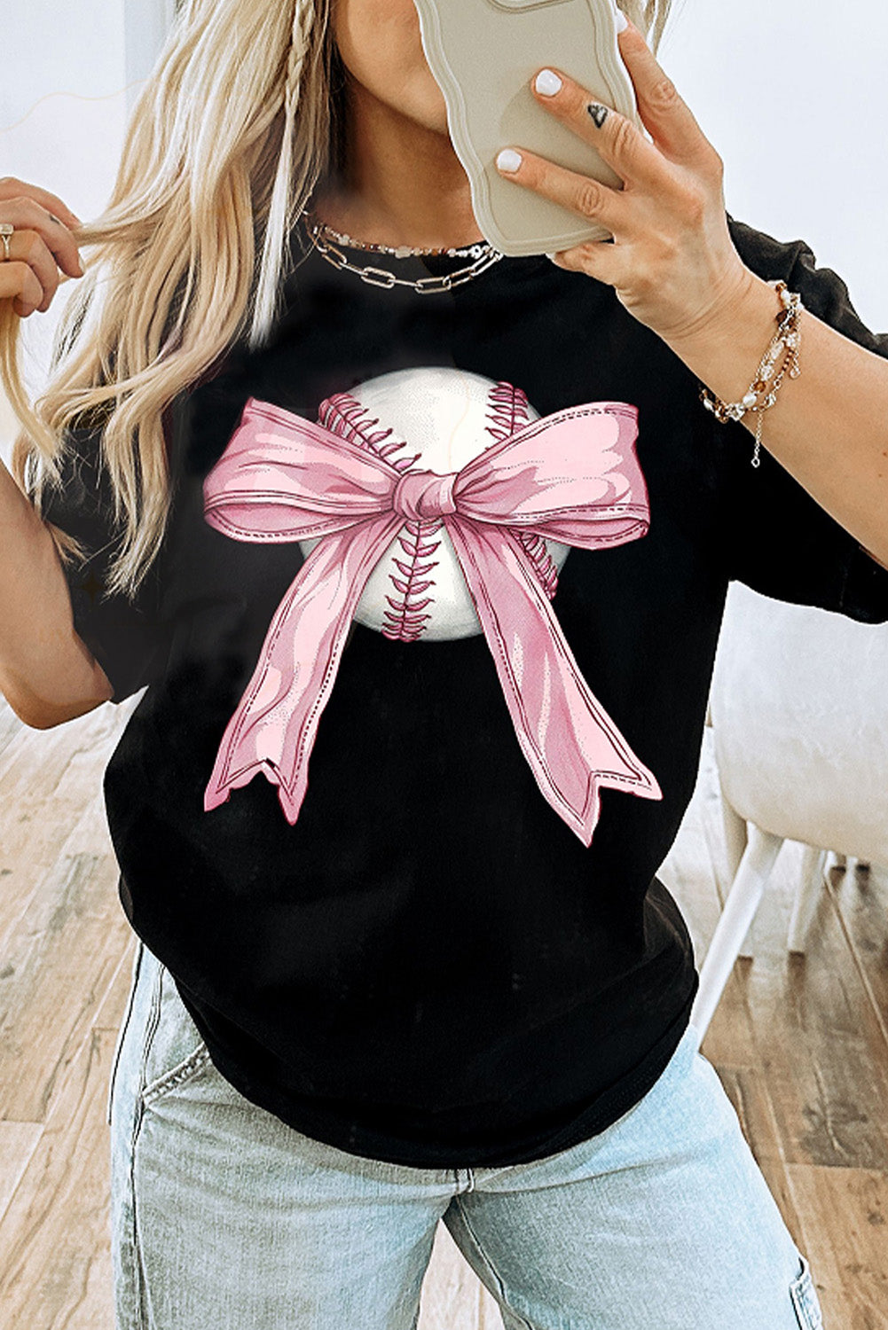 Black Baseball Bow Knot Print Round Neck T Shirt-Graphic/Graphic Tees-[Adult]-[Female]-Black-S-2022 Online Blue Zone Planet