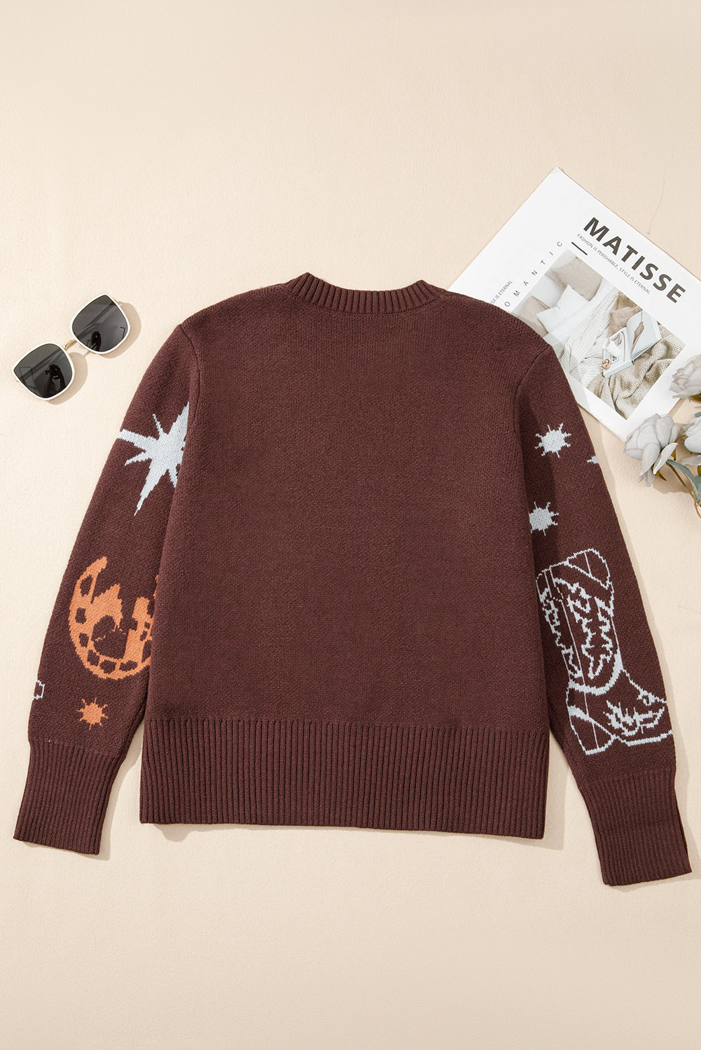 Brown Cowgirl Fashion Print Casual Sweater-TOPS / DRESSES-[Adult]-[Female]-2022 Online Blue Zone Planet