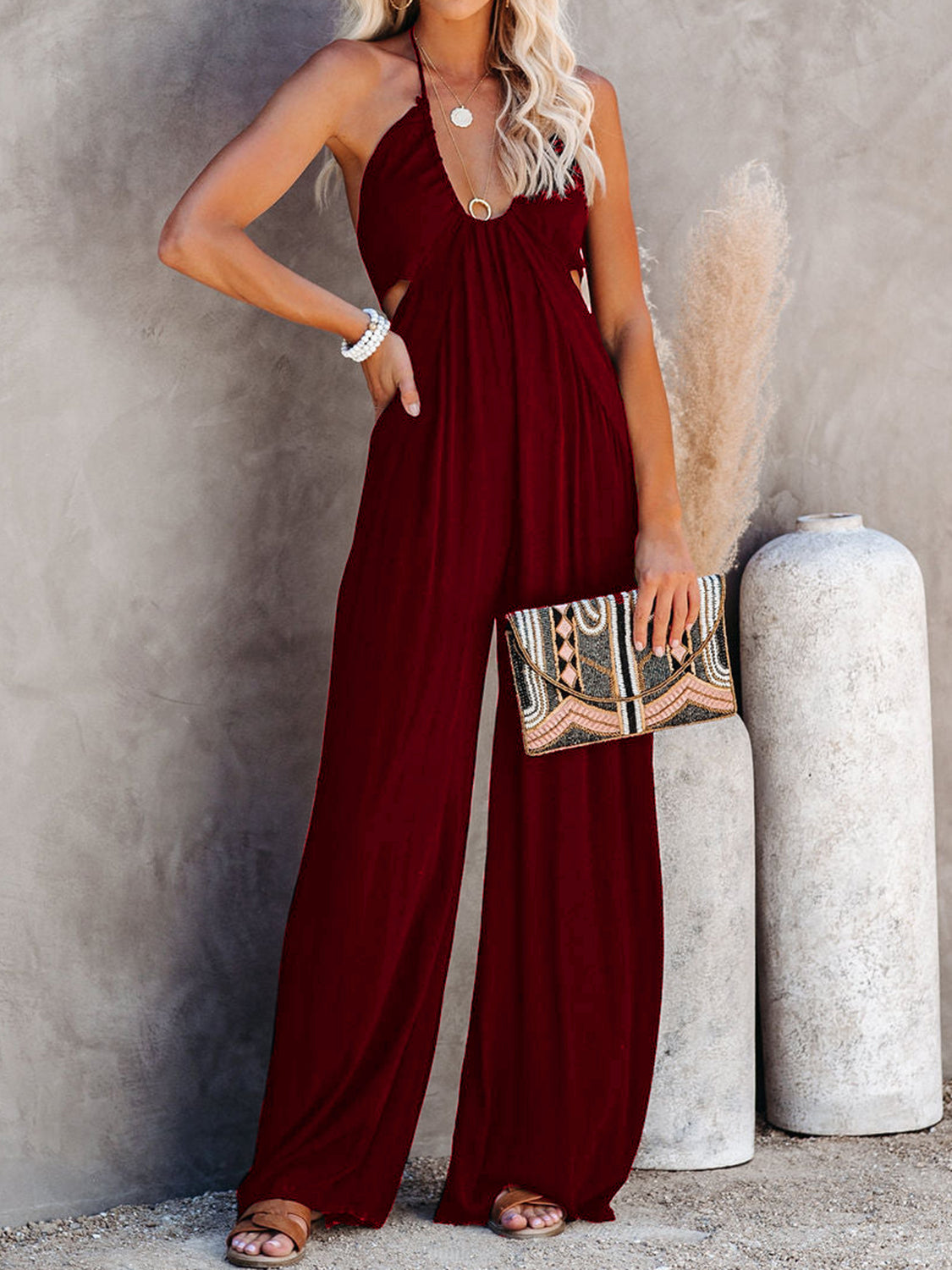 Halter Neck Wide Leg Jumpsuit-TOPS / DRESSES-[Adult]-[Female]-2022 Online Blue Zone Planet