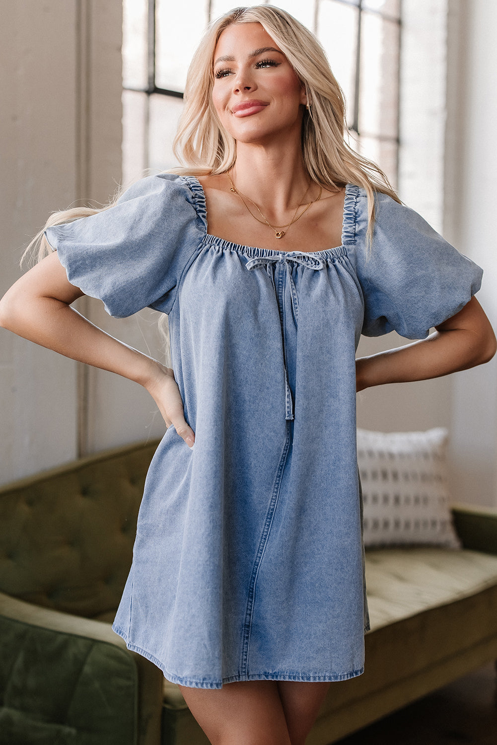 Myosotis Bubble Sleeve Square Neck Denim Babydoll Dress-Dresses/Mini Dresses-[Adult]-[Female]-2022 Online Blue Zone Planet