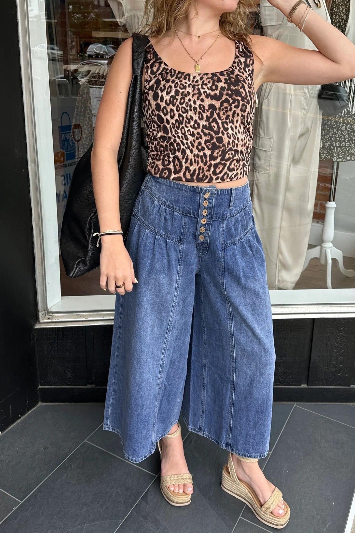 Dusk Blue High Rise Buttons Pleated Cropped Wide Leg Denim Pants-Bottoms/Jeans-[Adult]-[Female]-2022 Online Blue Zone Planet