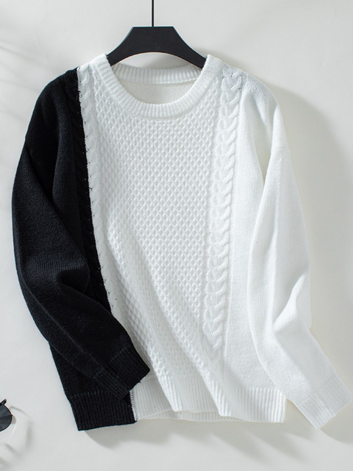 Two Tone Cable Knit Round Neck Long Sleeve Sweater-TOPS / DRESSES-[Adult]-[Female]-Black-S-2022 Online Blue Zone Planet