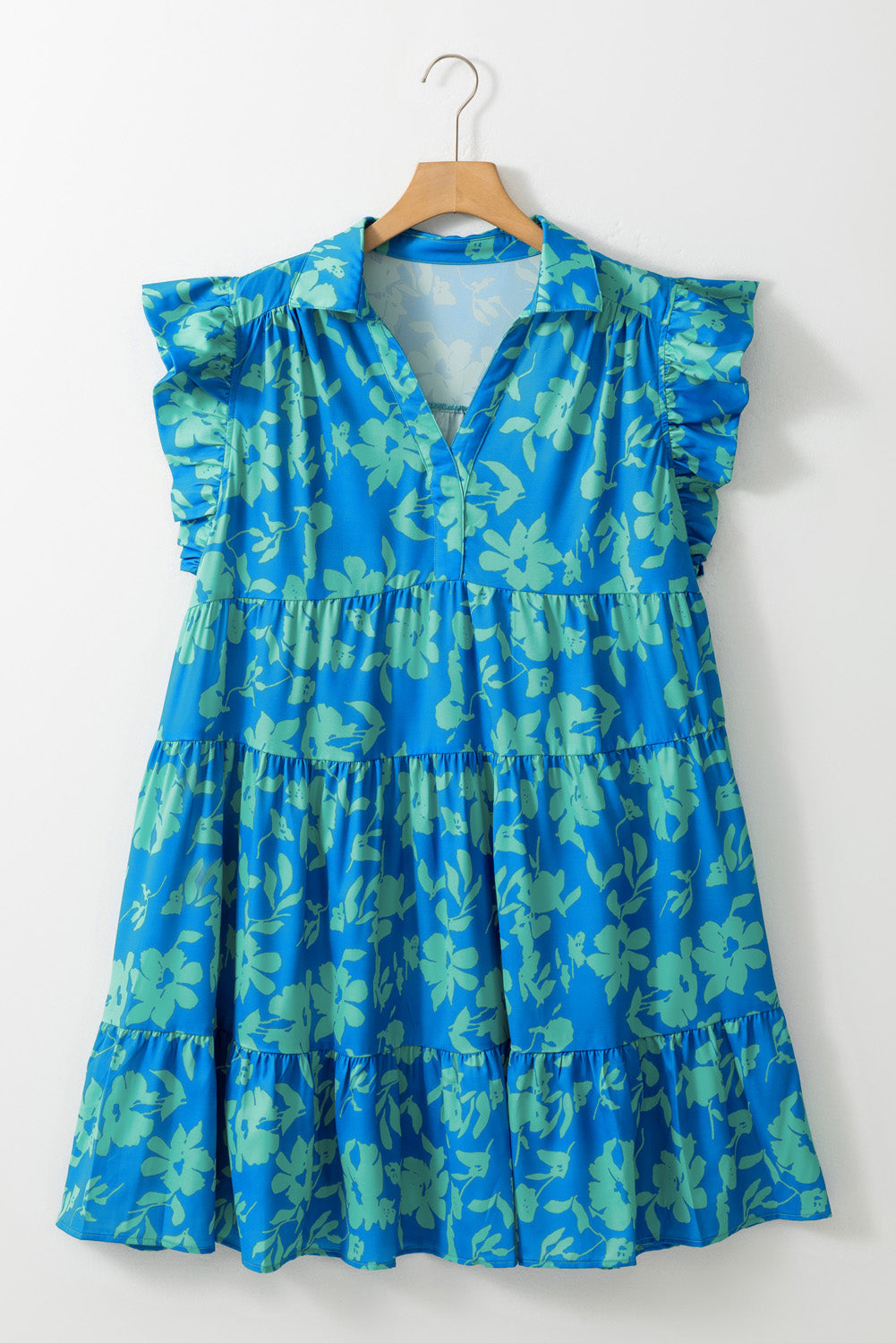 Blue Zone Planet |  Sky Blue Plus Size Floral Print Flutter Sleeve Buttoned Mini Dress Blue Zone Planet