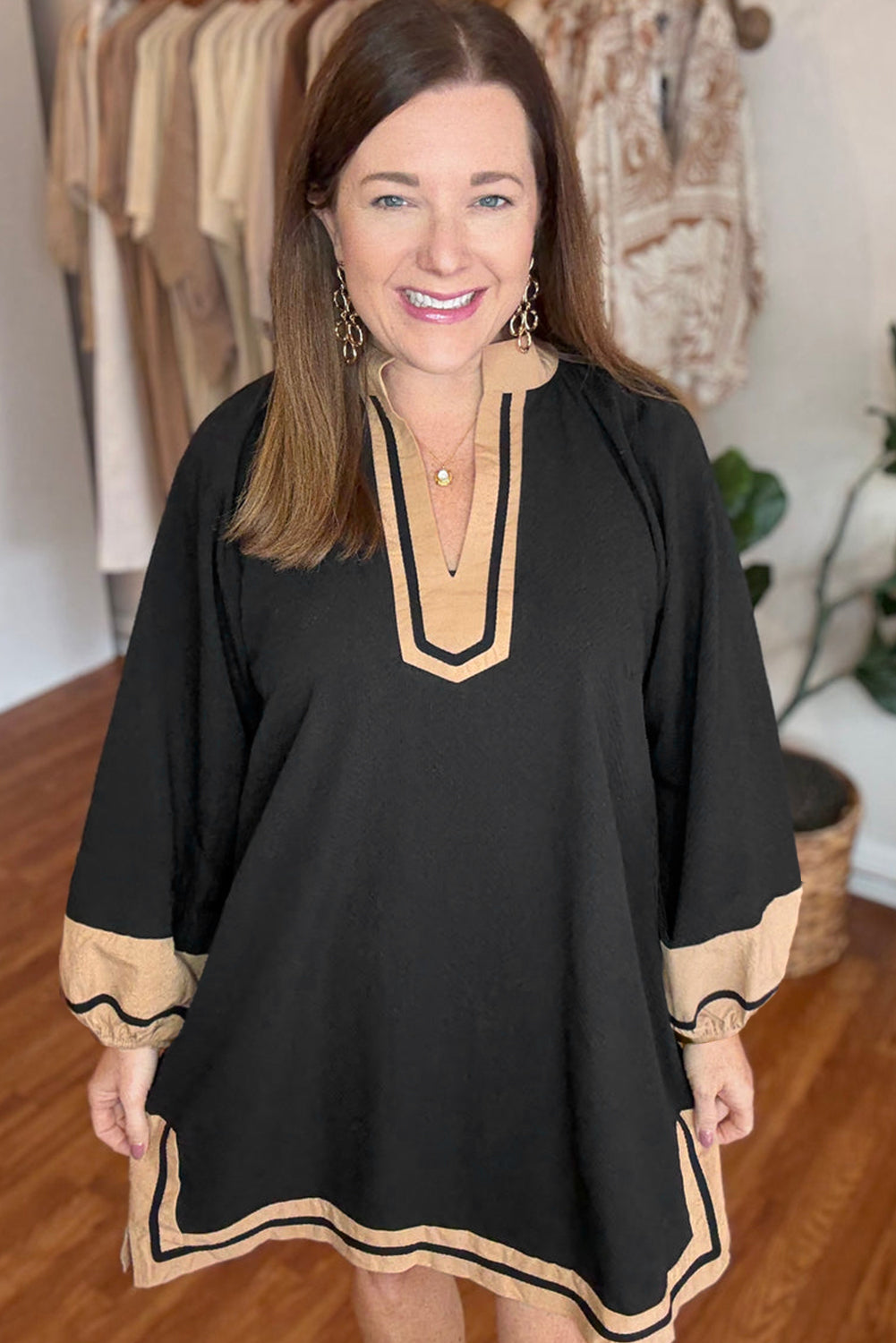 Black Plus Size Color Block Striped Trim V Neck Long Sleeve Shift Mini Dress-TOPS / DRESSES-[Adult]-[Female]-2022 Online Blue Zone Planet