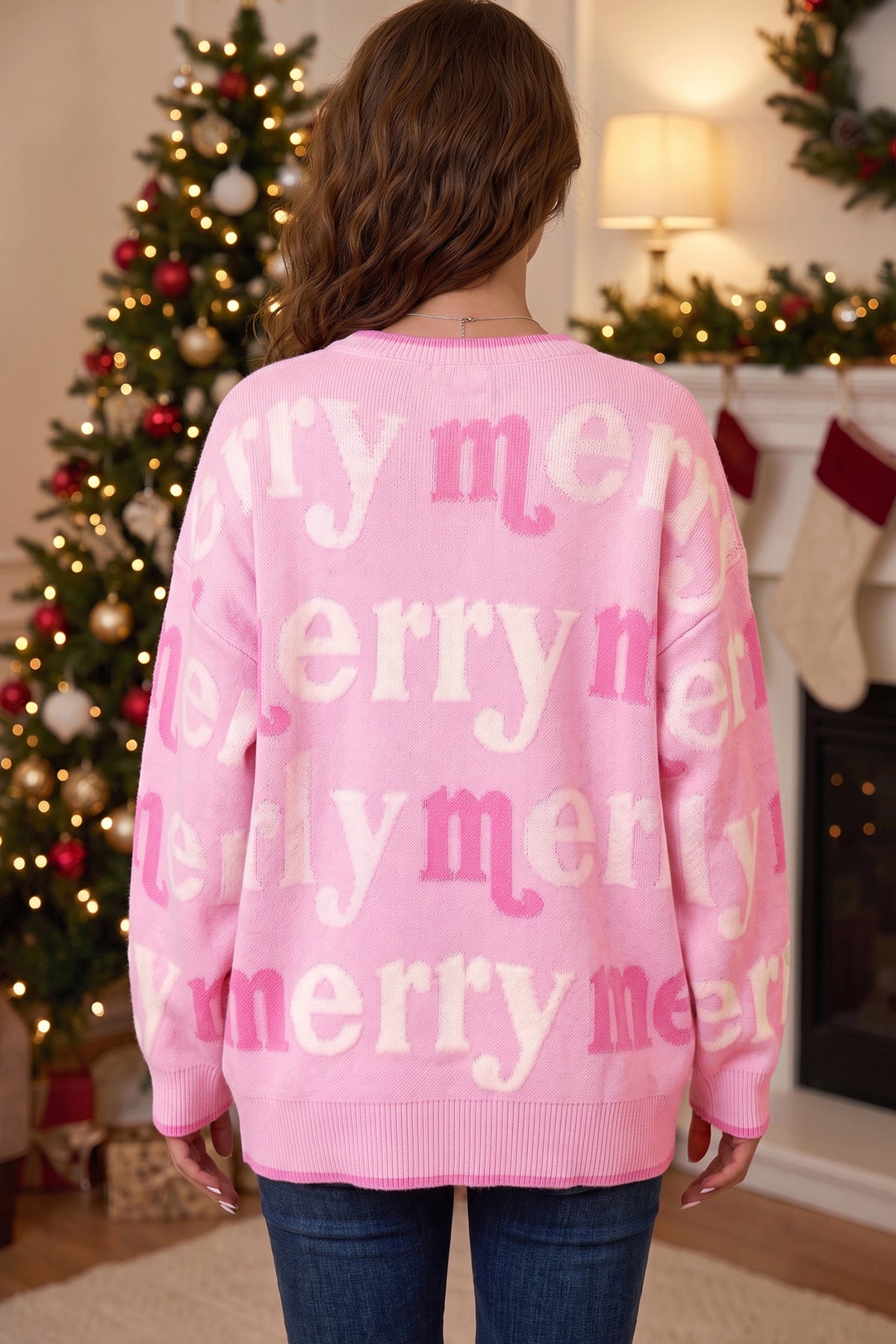 Pink All Over Merry Me Graphic Round Neck Knit Sweater-TOPS / DRESSES-[Adult]-[Female]-2022 Online Blue Zone Planet