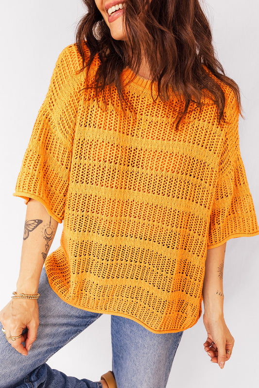 Mustard Hollow out Openwork Knit 3/4 Sleeve Sweater-TOPS / DRESSES-[Adult]-[Female]-2022 Online Blue Zone Planet