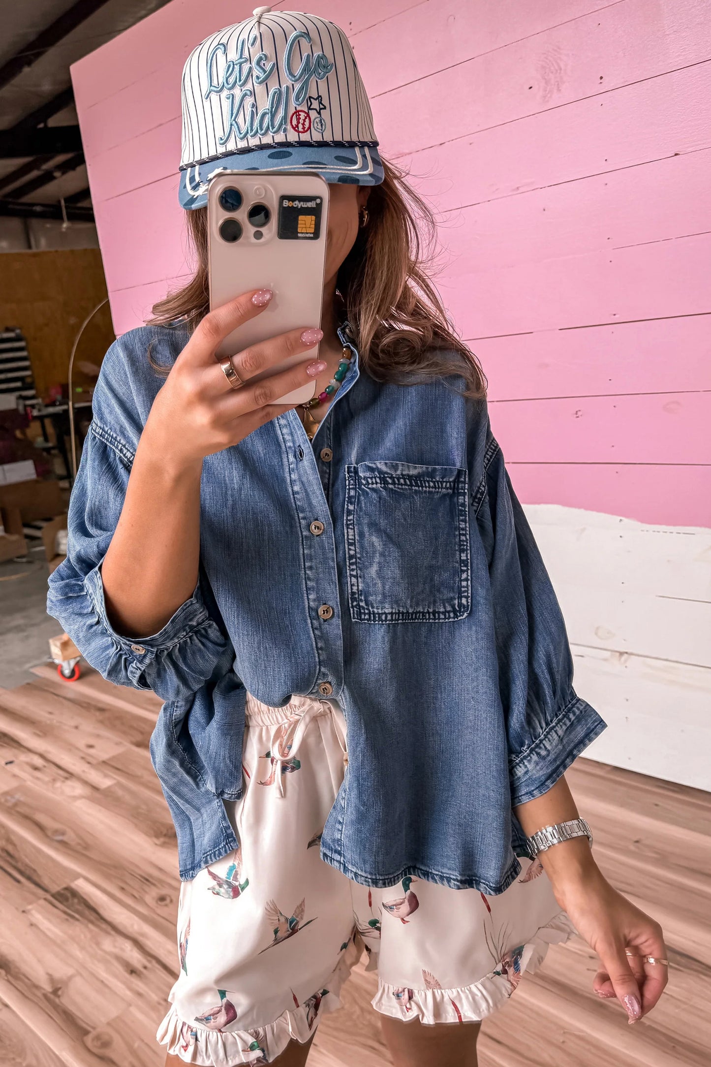 Dusk Blue Three Quarter Sleeve Button Front Loose Denim Shirt-Tops/Blouses & Shirts-[Adult]-[Female]-2022 Online Blue Zone Planet