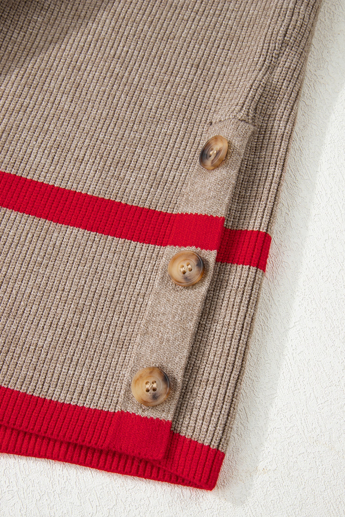 Simply Taupe Ribbed Knit Contrasted Stripe Detail Button Side Loose Sweater-TOPS / DRESSES-[Adult]-[Female]-2022 Online Blue Zone Planet