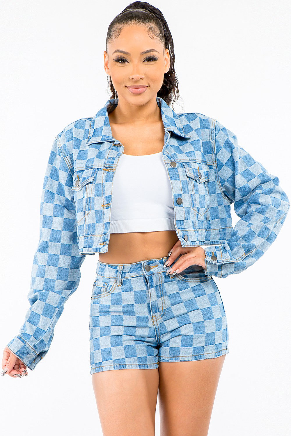 American Bazi Checkered Long Sleeve Cropped Denim Jacket-TOPS / DRESSES-[Adult]-[Female]-Blue-S-2022 Online Blue Zone Planet