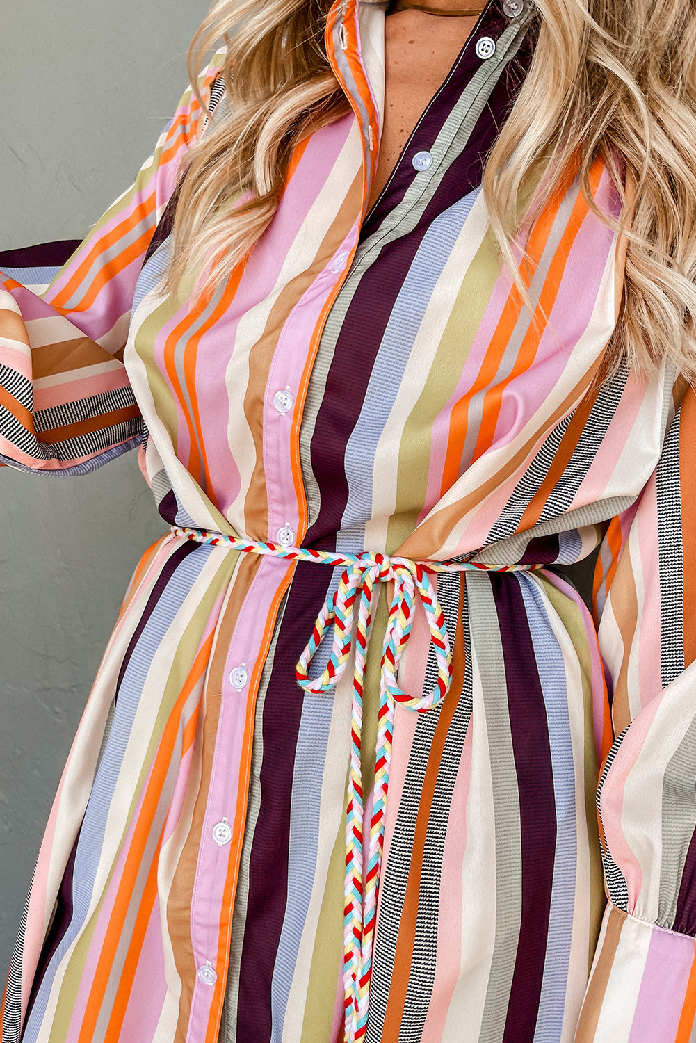 White Colorful Striped Cuffed Sleeve Tassel Tie Maxi Dress-Maxi Dresses-[Adult]-[Female]-2022 Online Blue Zone Planet