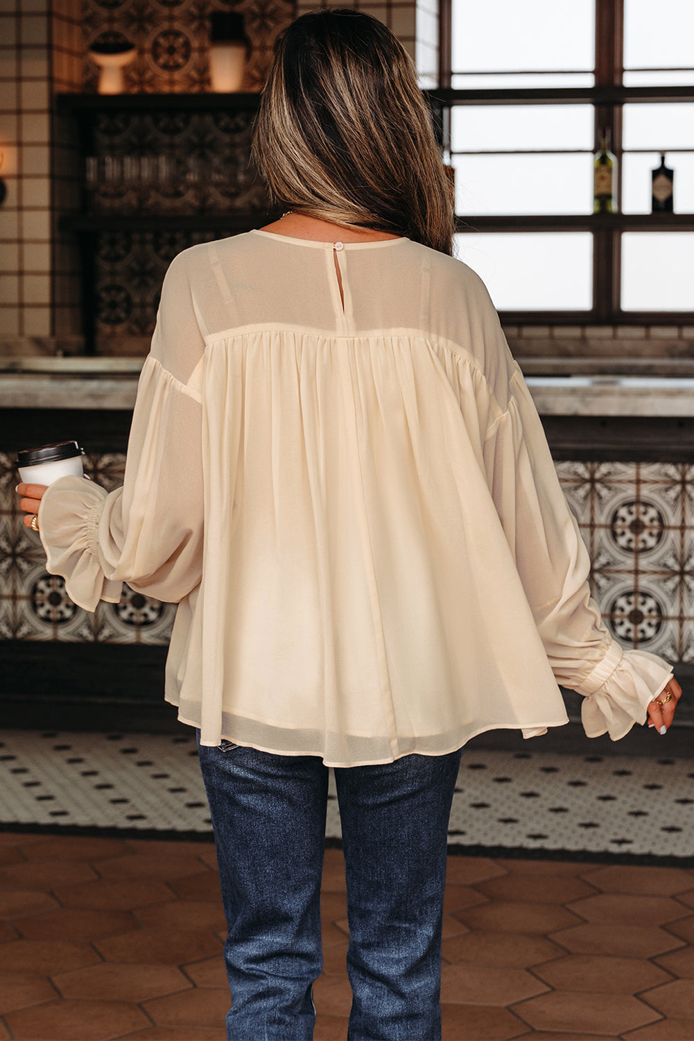 Parchment Pleated Ruffle Long Sleeve Chiffon Blouse-Tops/Blouses & Shirts-[Adult]-[Female]-2022 Online Blue Zone Planet
