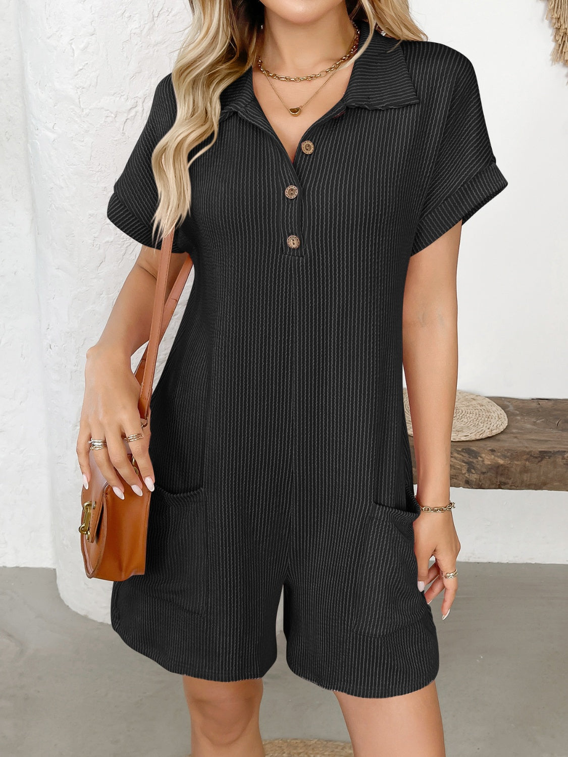 Button Detail Collared Neck Short Sleeve Romper-TOPS / DRESSES-[Adult]-[Female]-2022 Online Blue Zone Planet