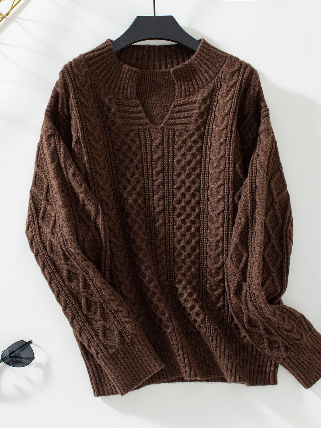 Cable-Knit Notched Long Sleeve Sweater-TOPS / DRESSES-[Adult]-[Female]-Chocolate-S-2022 Online Blue Zone Planet