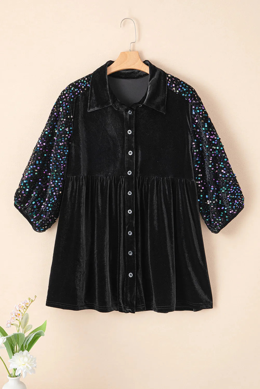 Sequin Collared Neck Three-Quarter Sleeve Oversize Shirt-TOPS / DRESSES-[Adult]-[Female]-2022 Online Blue Zone Planet