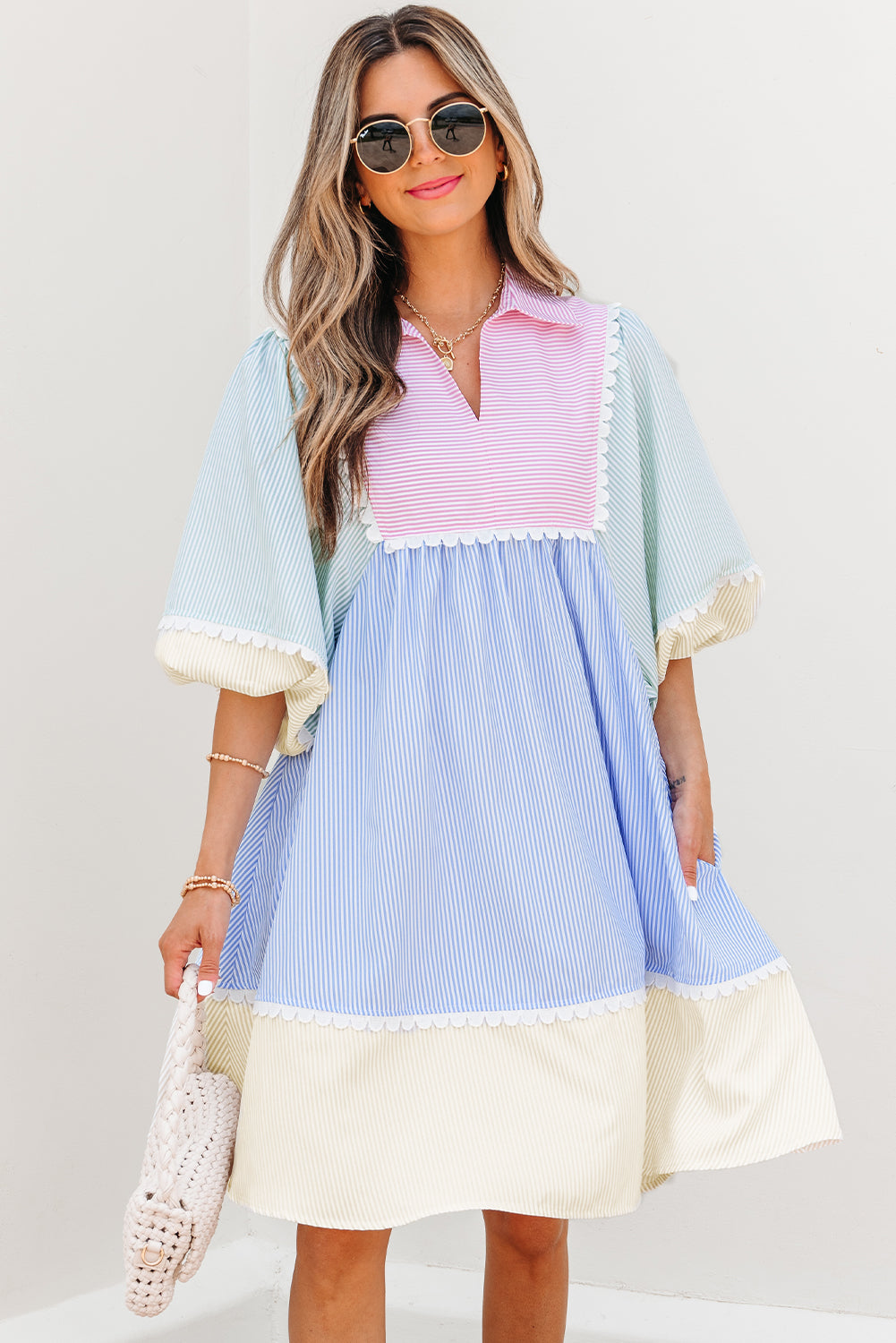 Multicolour Striped Patchwork Ric Rac Puff Sleeve Collared Mini Dress-TOPS / DRESSES-[Adult]-[Female]-2022 Online Blue Zone Planet