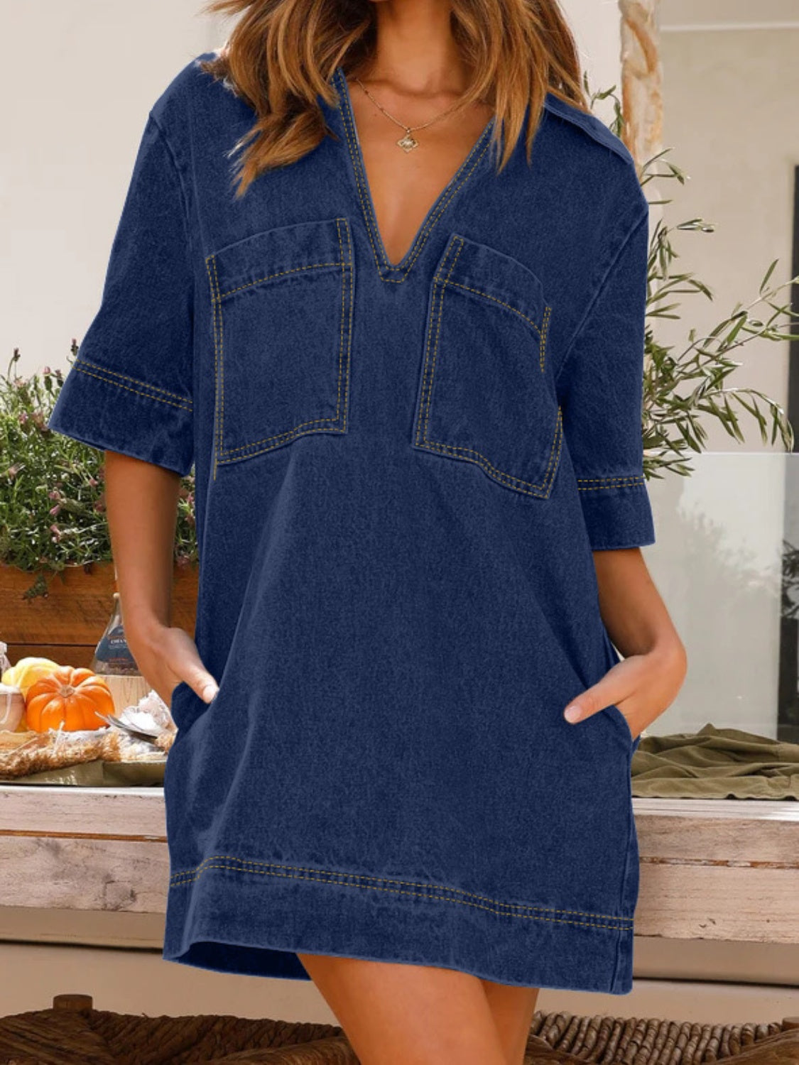 Johnny Collar Half Sleeve Denim Dress-TOPS / DRESSES-[Adult]-[Female]-Dark Blue-S-2022 Online Blue Zone Planet