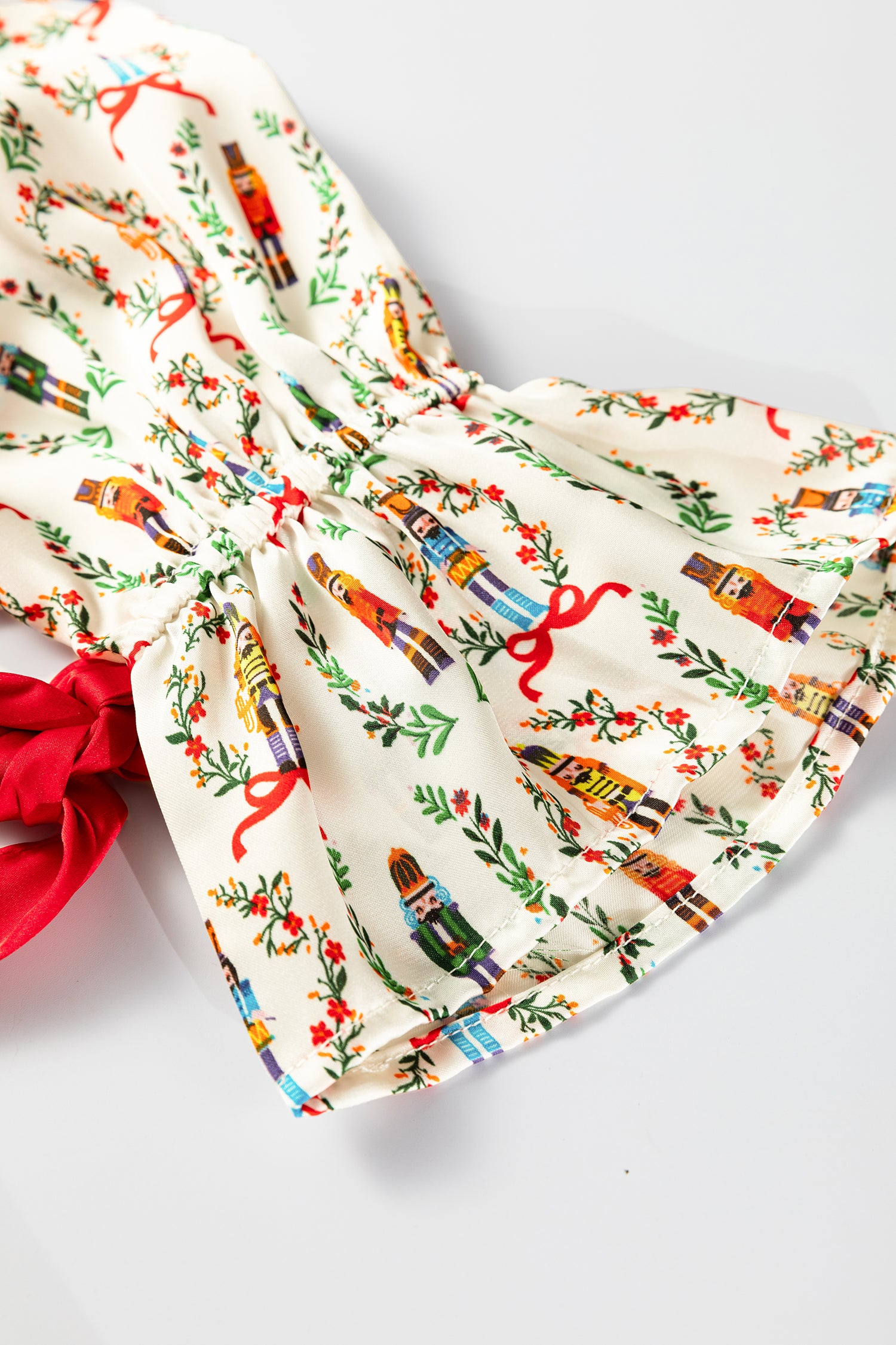 Beige Nutcracker Print Contrast Trim Tied up Bow Silky 2pcs Pajama Set-Loungewear & Sleepwear/Sleepwear-[Adult]-[Female]-2022 Online Blue Zone Planet