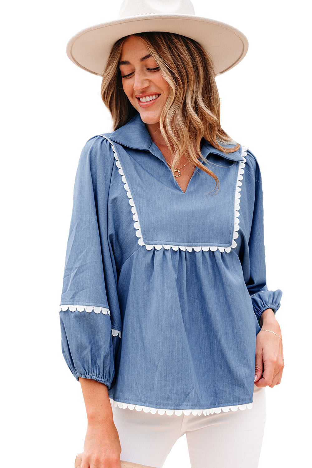 Dusk Blue Lace Ric Rac 3/4 Puff Sleeve Collared Babydoll Blouse-Tops/Blouses & Shirts-[Adult]-[Female]-2022 Online Blue Zone Planet