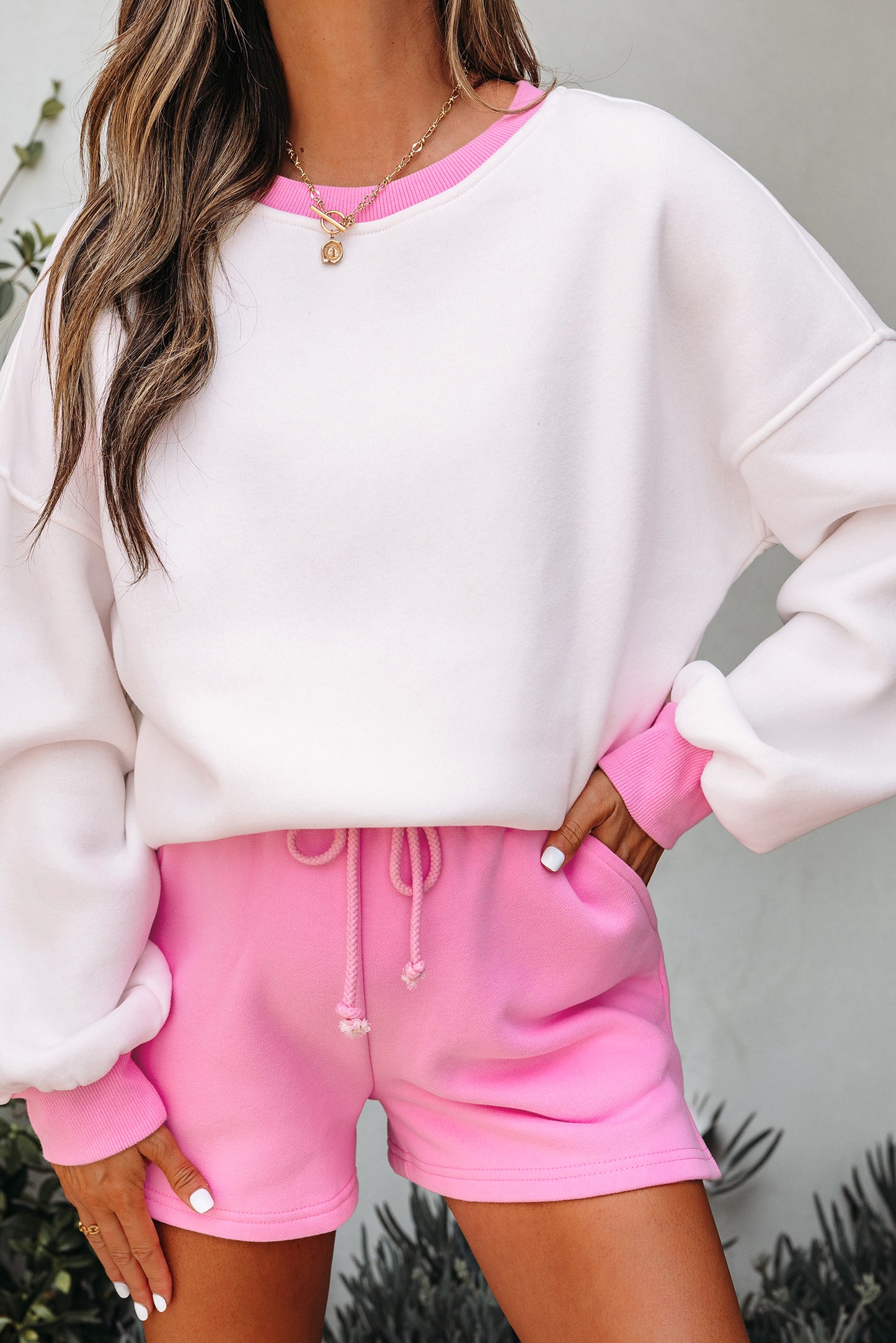 Strawberry Pink Color Block Pullover and Lace-up Elastic Waist Shorts Set-Two Piece Sets/Short Sets-[Adult]-[Female]-2022 Online Blue Zone Planet