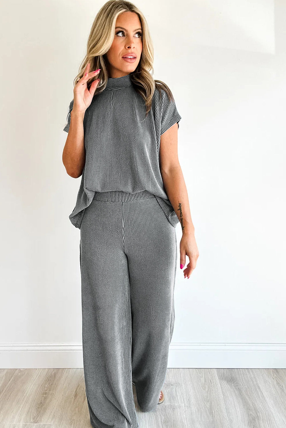 Dark Grey Twisted Ribbed High Neck Loose Tee Elastic High Waist Loose Pant Set-Two Piece Sets/Pant Sets-[Adult]-[Female]-2022 Online Blue Zone Planet