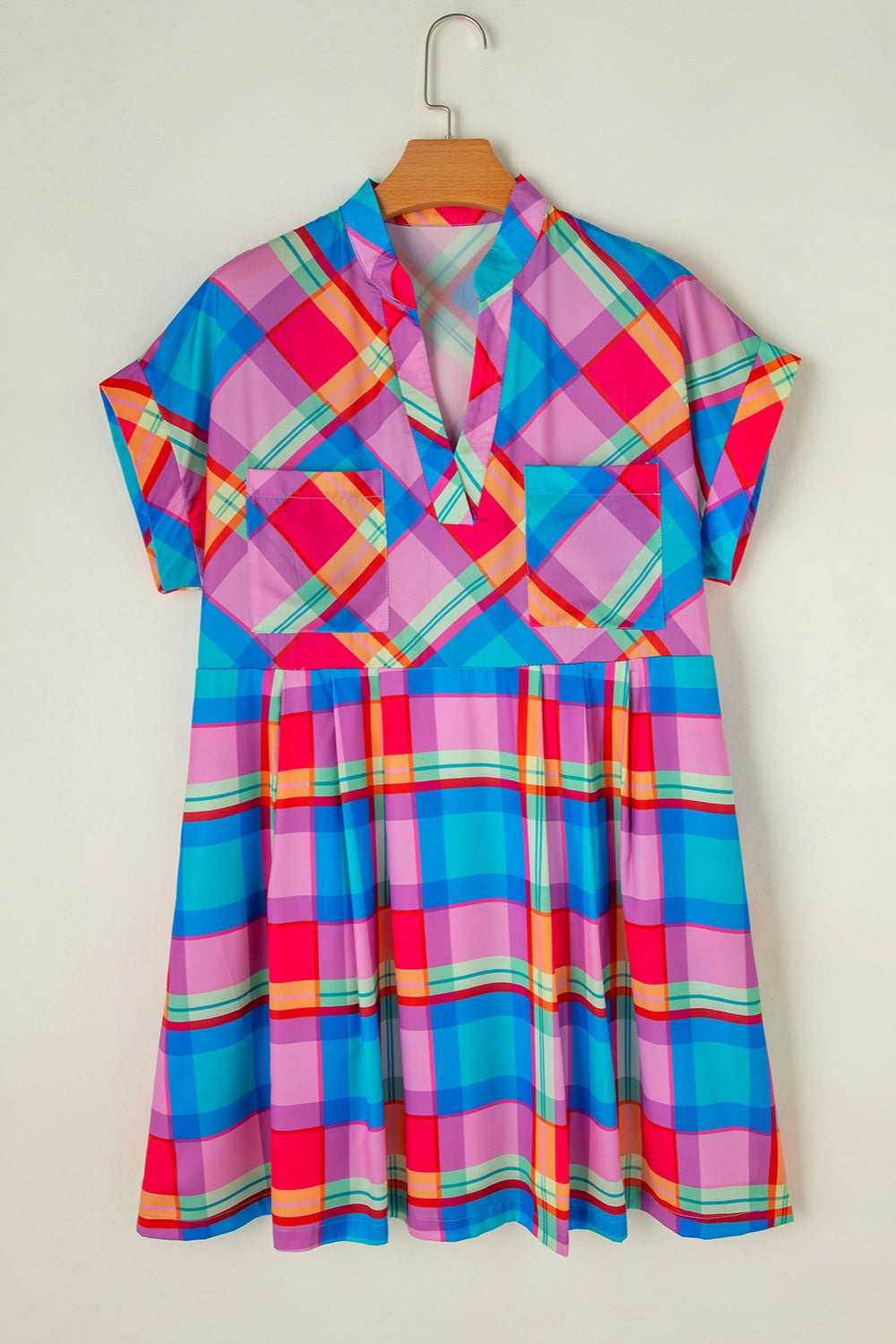 Plaid Notched Short Sleeve Mini Dress-TOPS / DRESSES-[Adult]-[Female]-2022 Online Blue Zone Planet