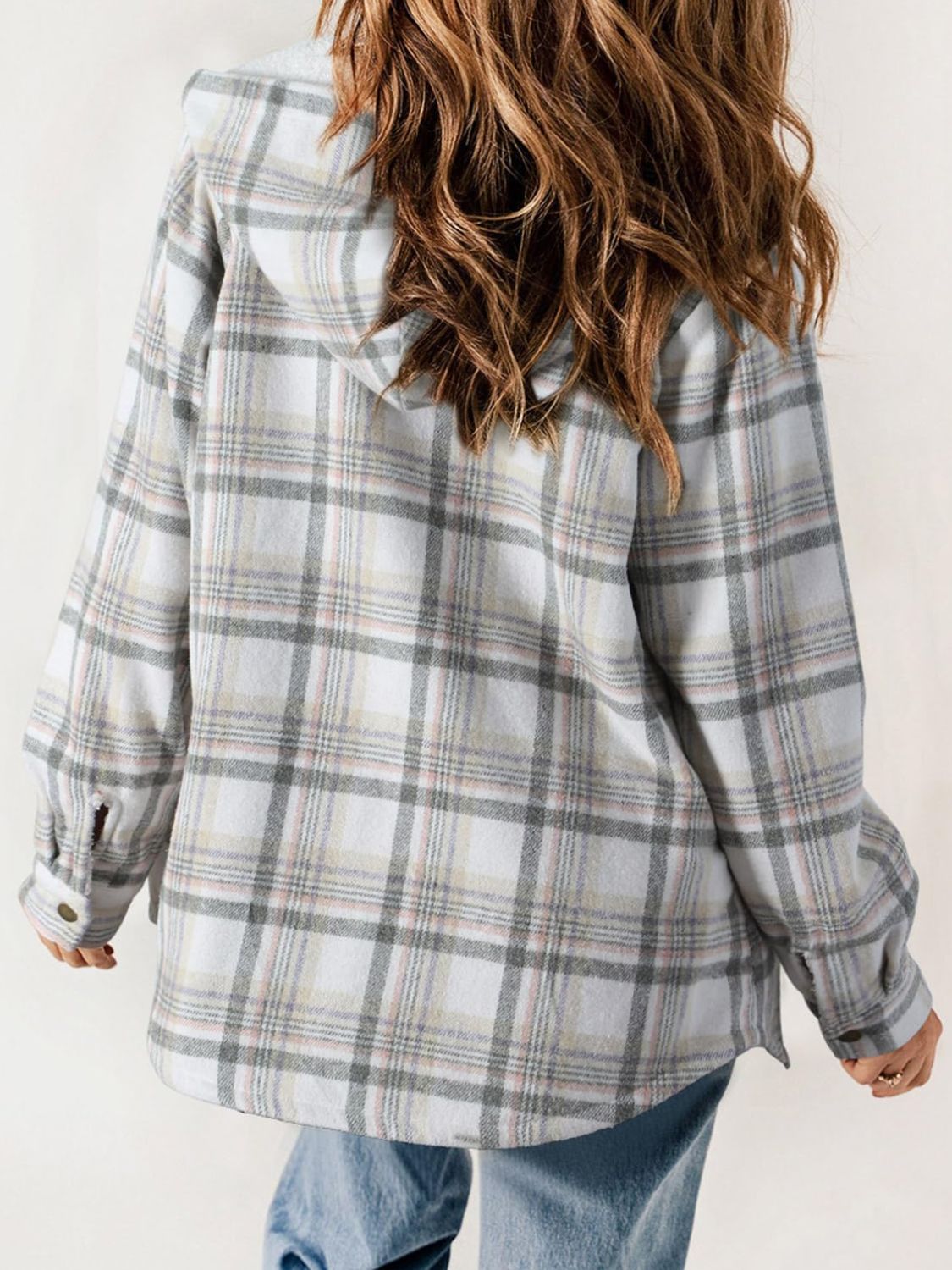 Plaid Snap Down Plush Hooded Jacket-TOPS / DRESSES-[Adult]-[Female]-2022 Online Blue Zone Planet