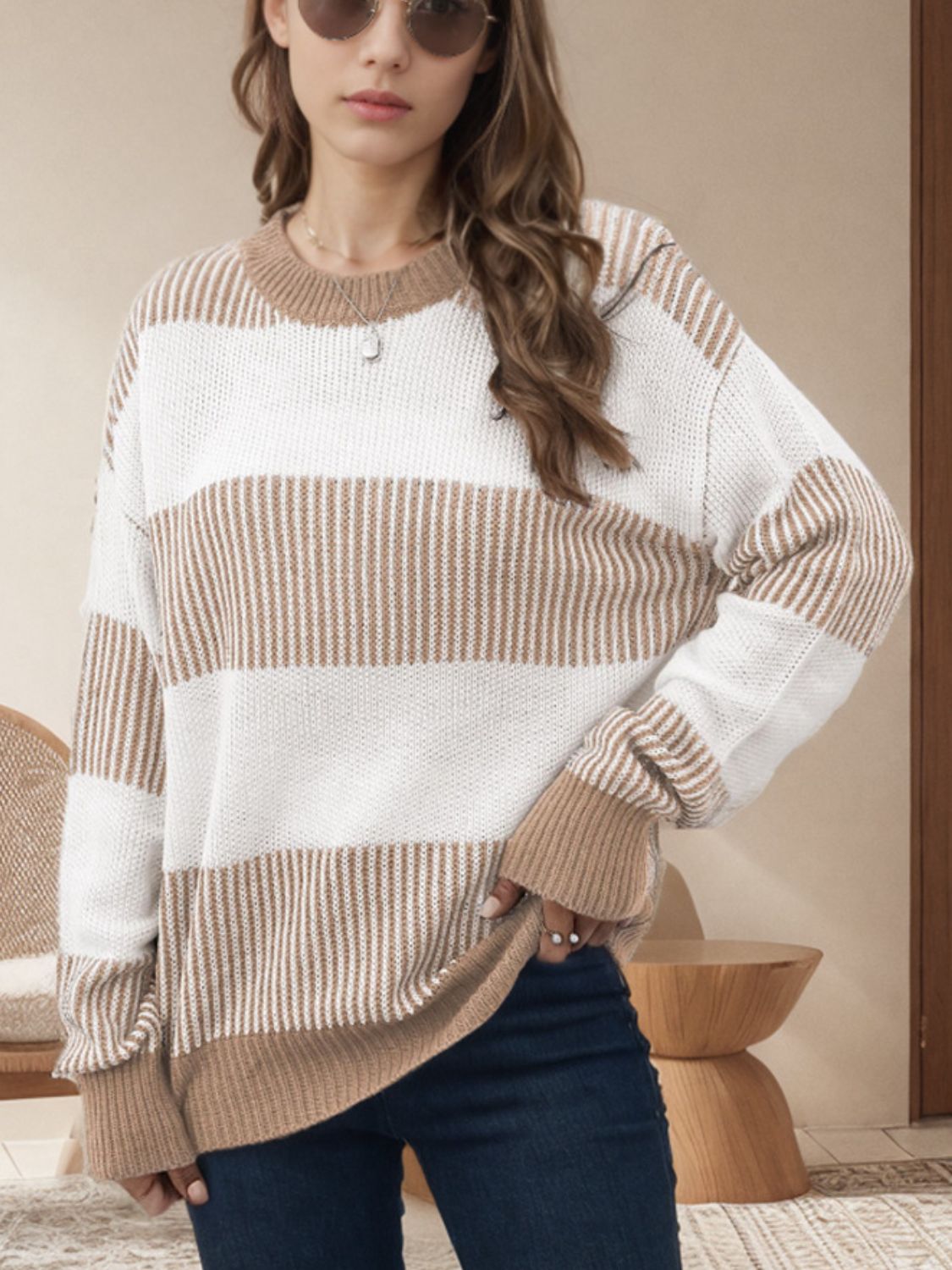 Blue Zone Planet | Striped Round Neck Long Sleeve Sweater-TOPS / DRESSES-[Adult]-[Female]-2022 Online Blue Zone Planet