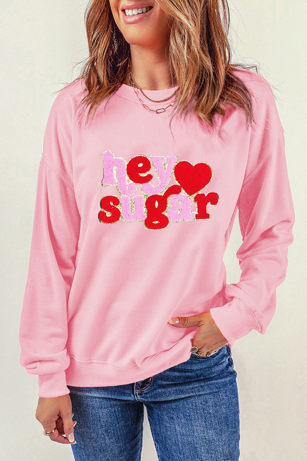 Pink Chenille Heart Pattern Valentines Graphic Sweatshirt-Graphic Sweatshirts-[Adult]-[Female]-2022 Online Blue Zone Planet