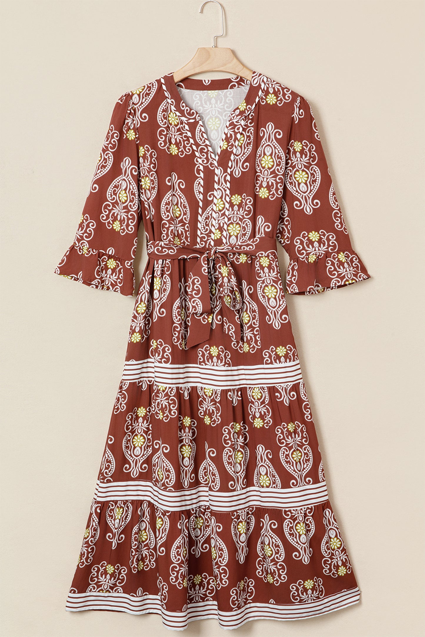 Brown Floral Print Belted Striped Trim Tiered Maxi Dress-TOPS / DRESSES-[Adult]-[Female]-2022 Online Blue Zone Planet