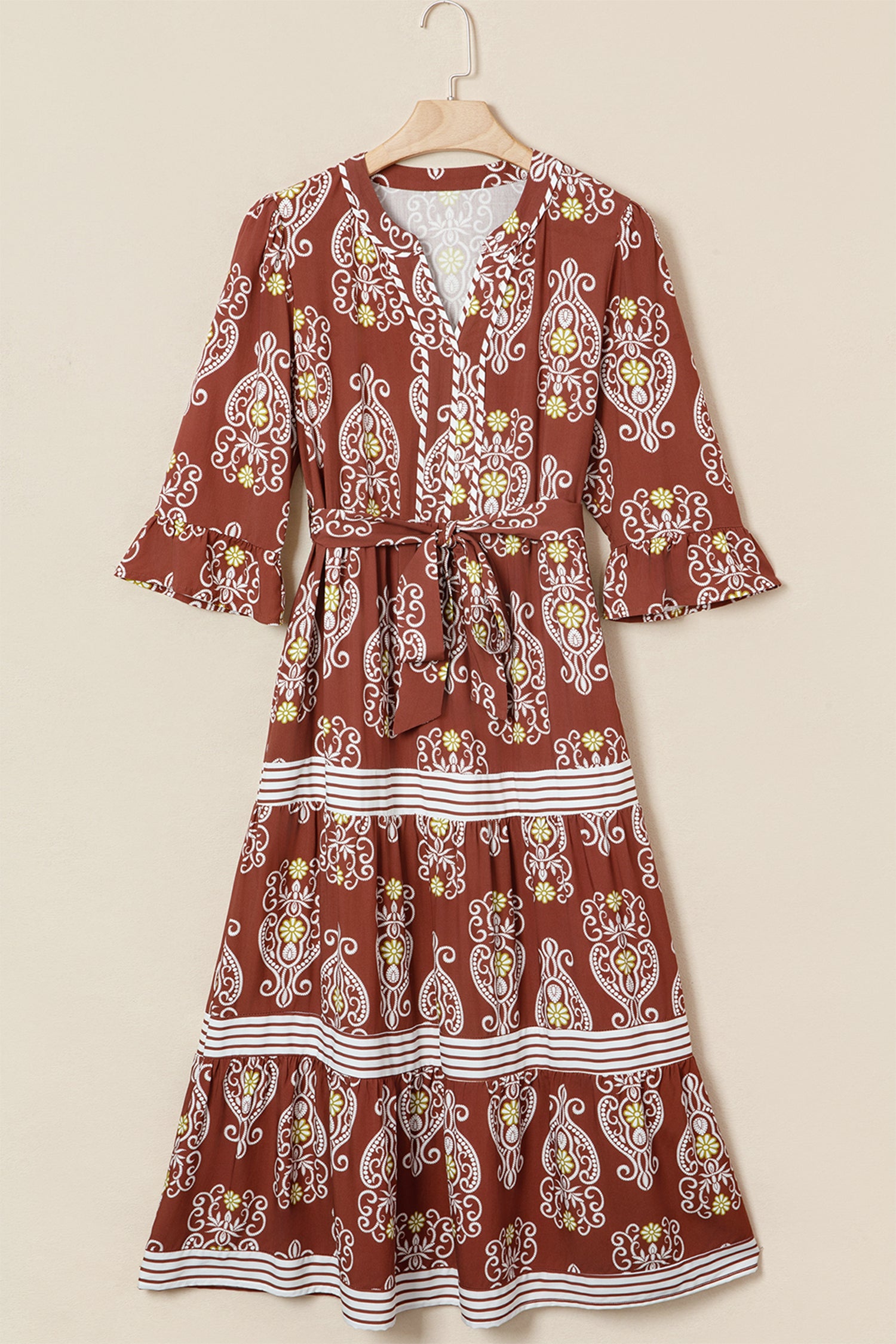 Brown Floral Print Belted Striped Trim Tiered Maxi Dress-TOPS / DRESSES-[Adult]-[Female]-2022 Online Blue Zone Planet