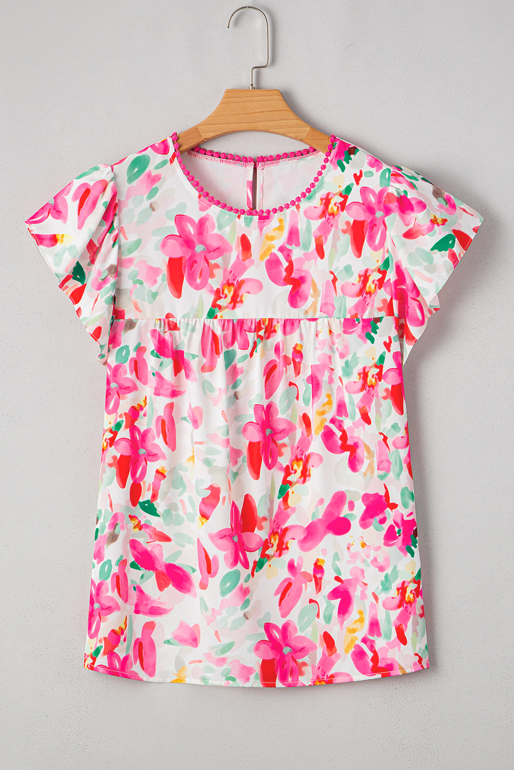 Rose Floral Print Flutter Sleeve Round Neck Casual Blouse-Tops/Blouses & Shirts-[Adult]-[Female]-2022 Online Blue Zone Planet