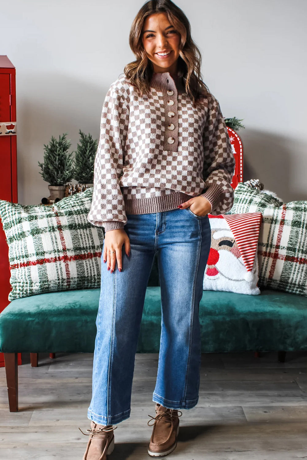 Dark Brown Half Button Ribbed Trim Checkerboard Knit Sweater-Sweaters & Cardigans/Sweaters-[Adult]-[Female]-2022 Online Blue Zone Planet
