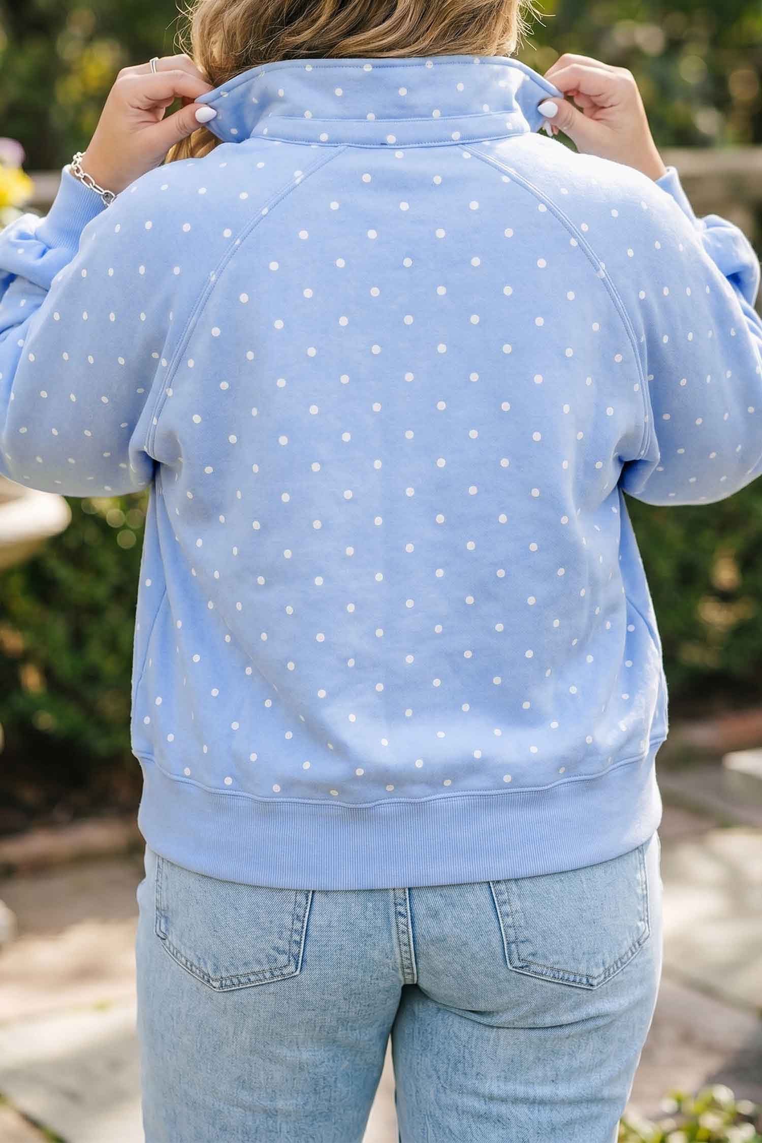 Sky Blue Polka Dot V Neck Metal Button Long Sleeve Shift Plus Size Sweatshirt-Plus Size/Plus Size Sweatshirts & Hoodies-[Adult]-[Female]-2022 Online Blue Zone Planet
