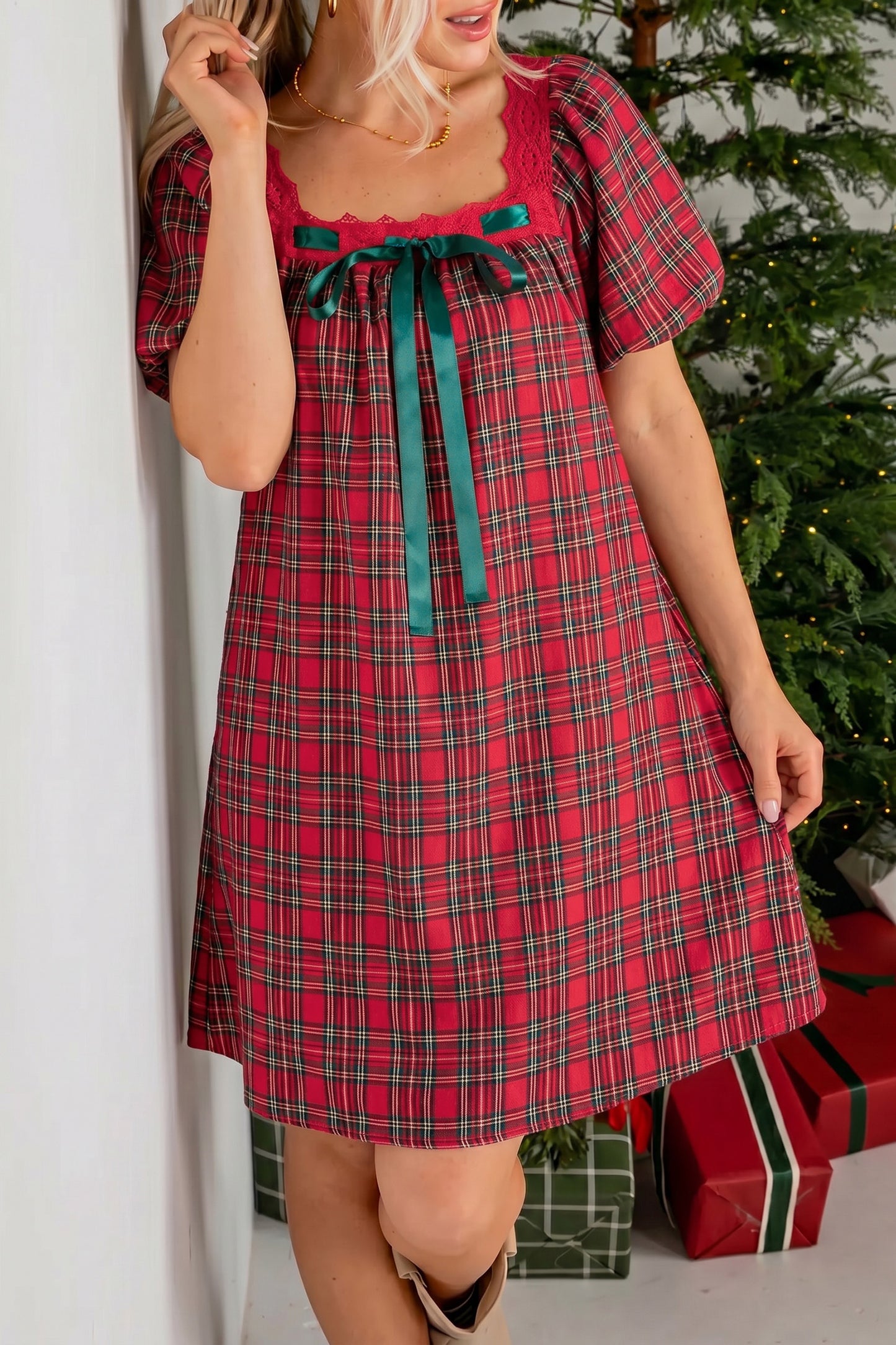 Red Plaid Square Collar Lace Trim Short Sleeve Shift Mini Dress
