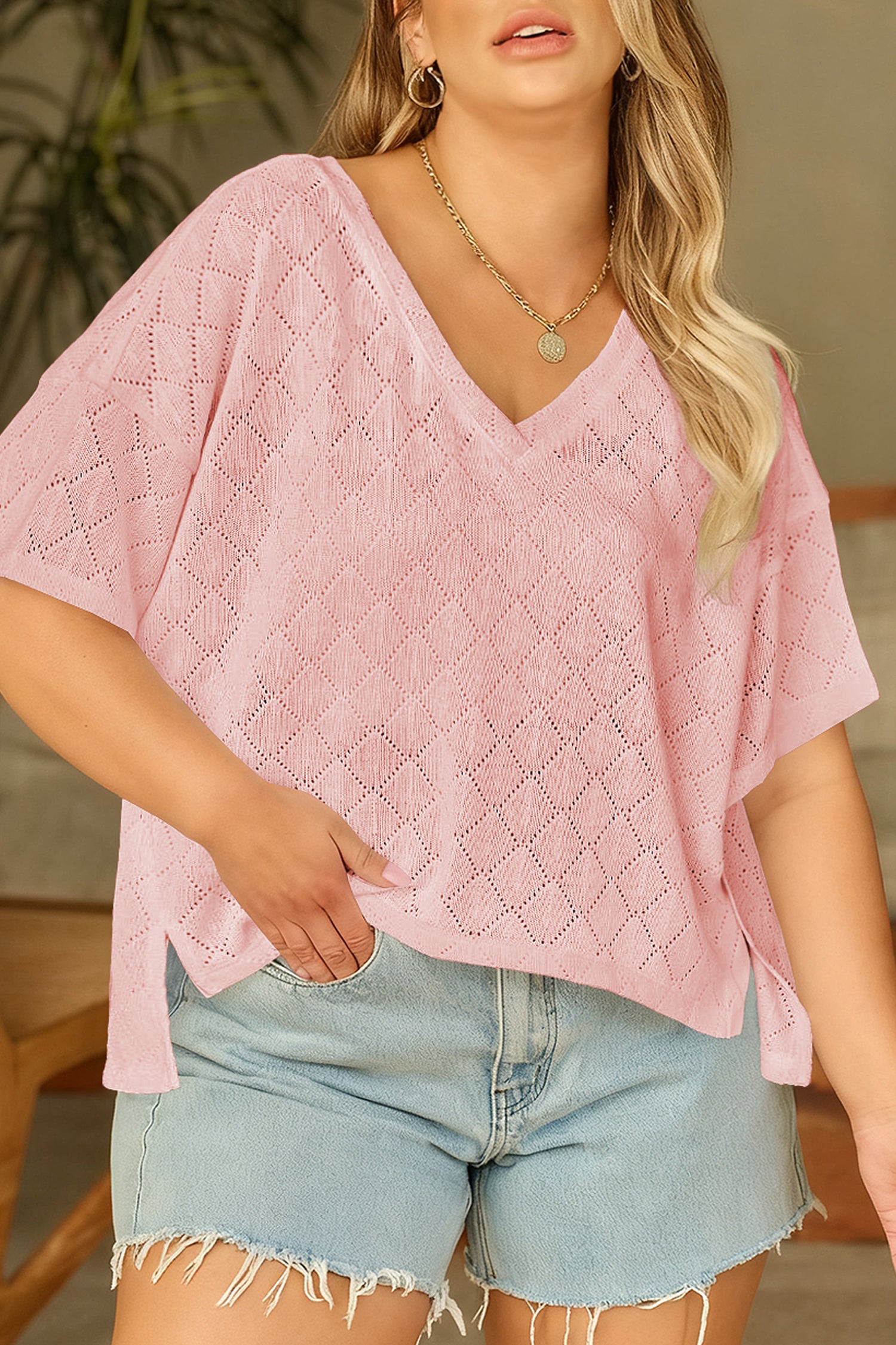 Light Pink Pointelle Rhombus Knit Plus Size V Neck Loose Top-Plus Size/Plus Size Tops/Plus Size Tops & Tees-[Adult]-[Female]-Light Pink-L-2022 Online Blue Zone Planet