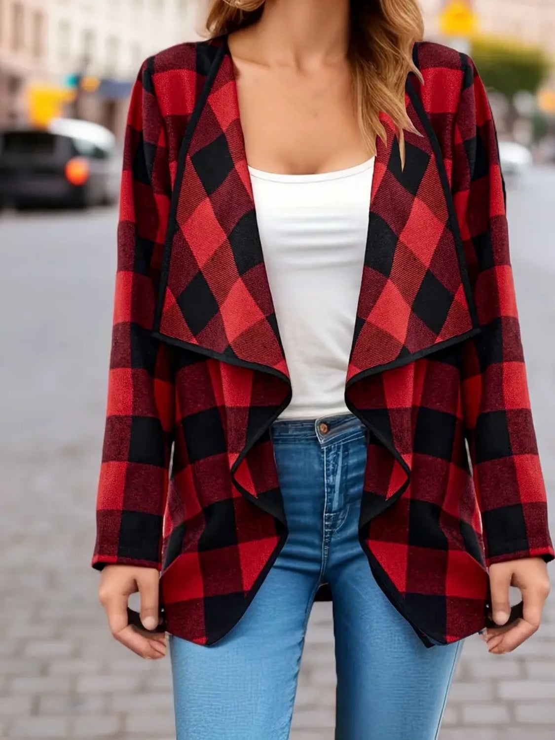 Plaid Open Front Long Sleeve Jacket-TOPS / DRESSES-[Adult]-[Female]-2022 Online Blue Zone Planet