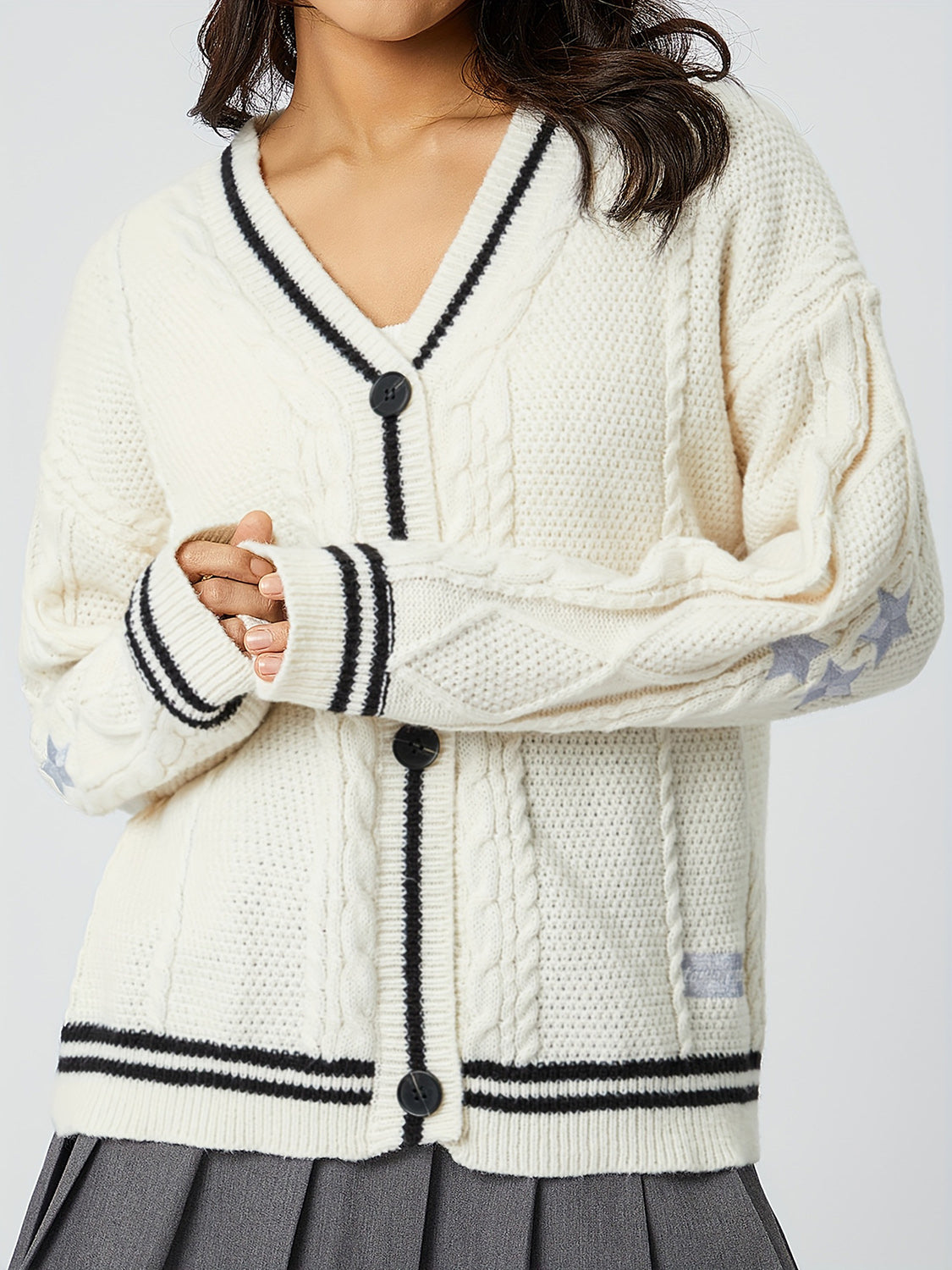 Star Embroidered V-Neck Long Sleeve Cardigan-TOPS / DRESSES-[Adult]-[Female]-White-One Size-2022 Online Blue Zone Planet