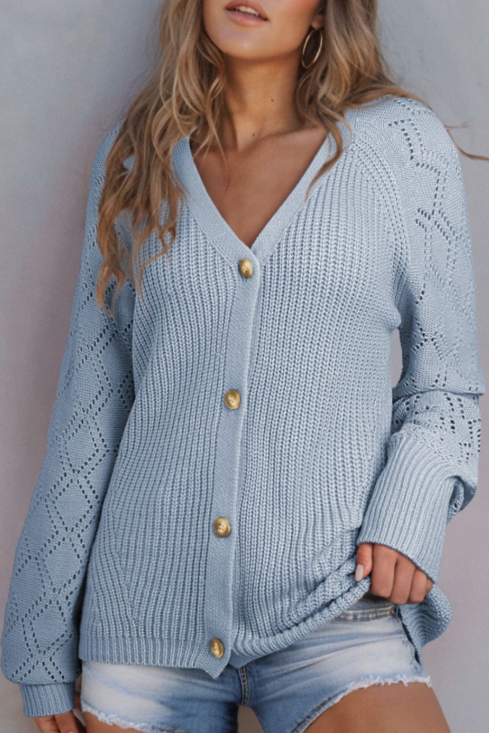 Openwork V-Neck Button Up Cardigan-TOPS / DRESSES-[Adult]-[Female]-2022 Online Blue Zone Planet