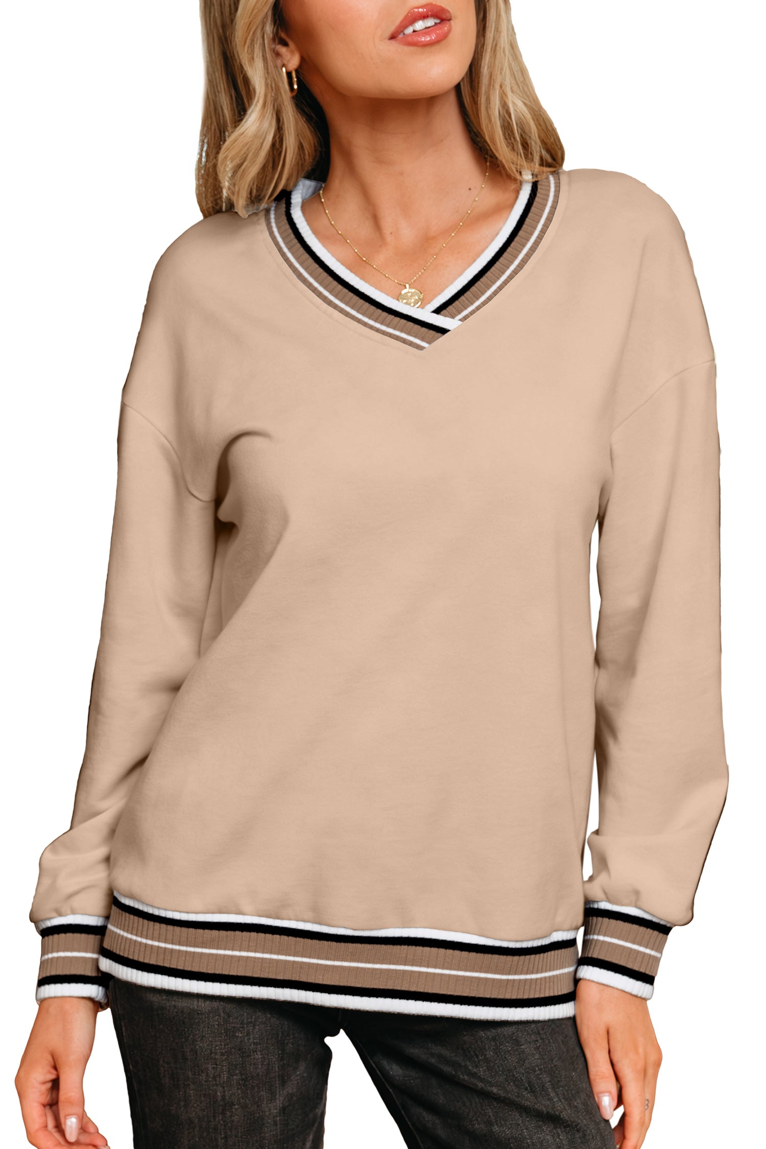 Parchment Varsity Contrast Striped Trim V Neck Sweatshirt-Tops/Sweatshirts & Hoodies-[Adult]-[Female]-2022 Online Blue Zone Planet