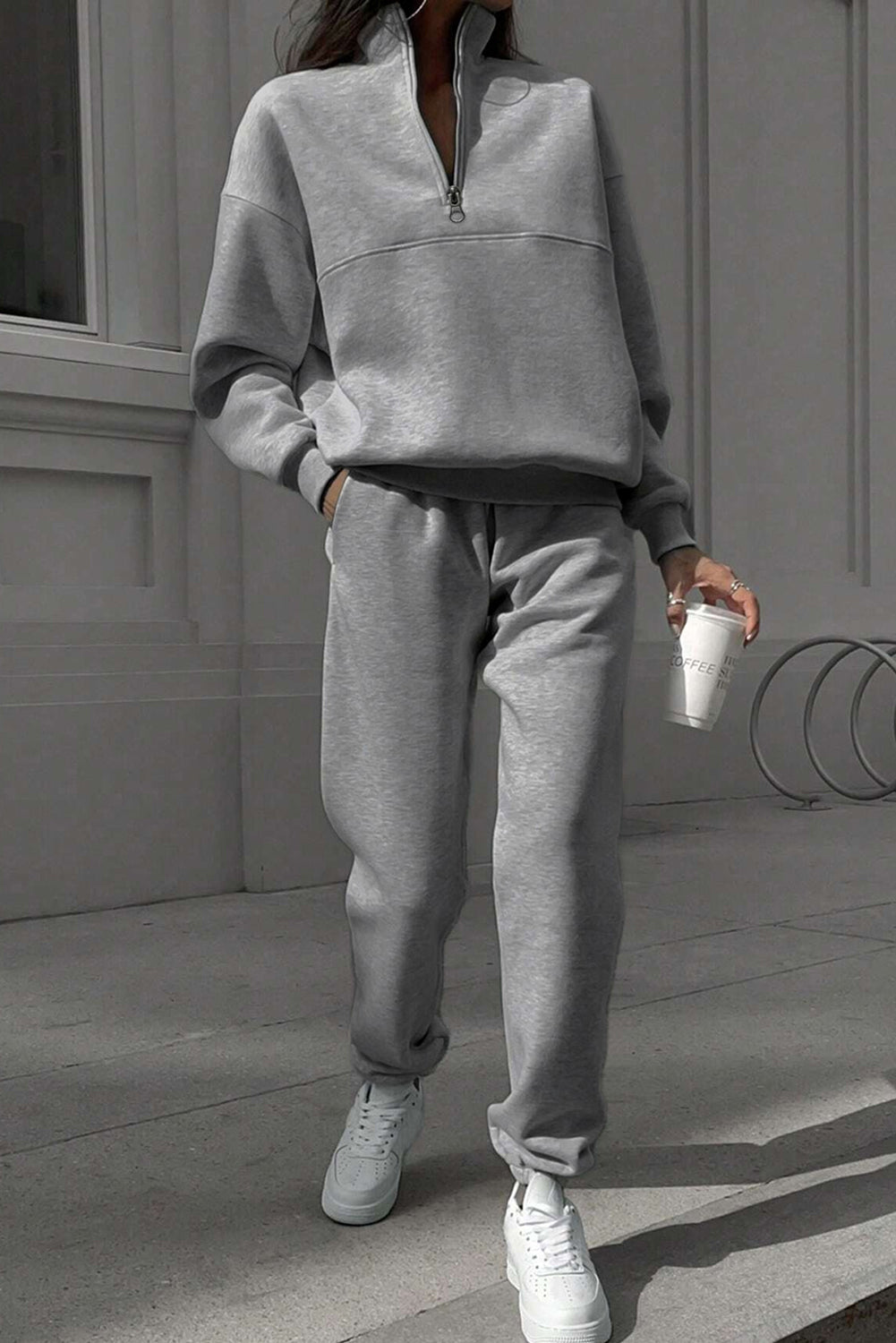 Light Grey Half Zip Drop Shoulder Sweatshirt And Sweatpants Two Piece Set-Two Piece Pants Sets-[Adult]-[Female]-Light Grey-S-2022 Online Blue Zone Planet