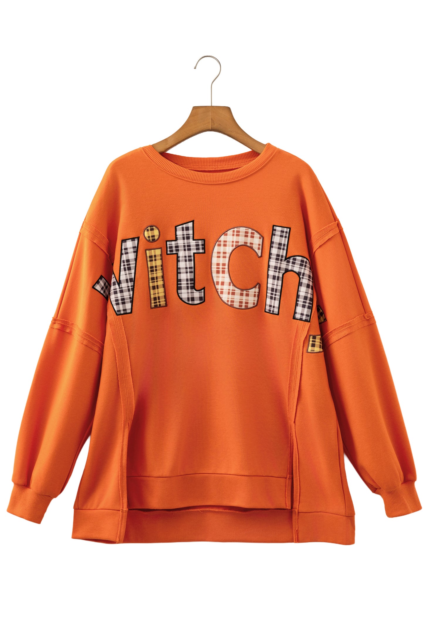 Flamingo Halloween Witchy Plaid Slogan Embroidered Patch Tunic Sweatshirt-Tops/Long Sleeve Tops-[Adult]-[Female]-2022 Online Blue Zone Planet