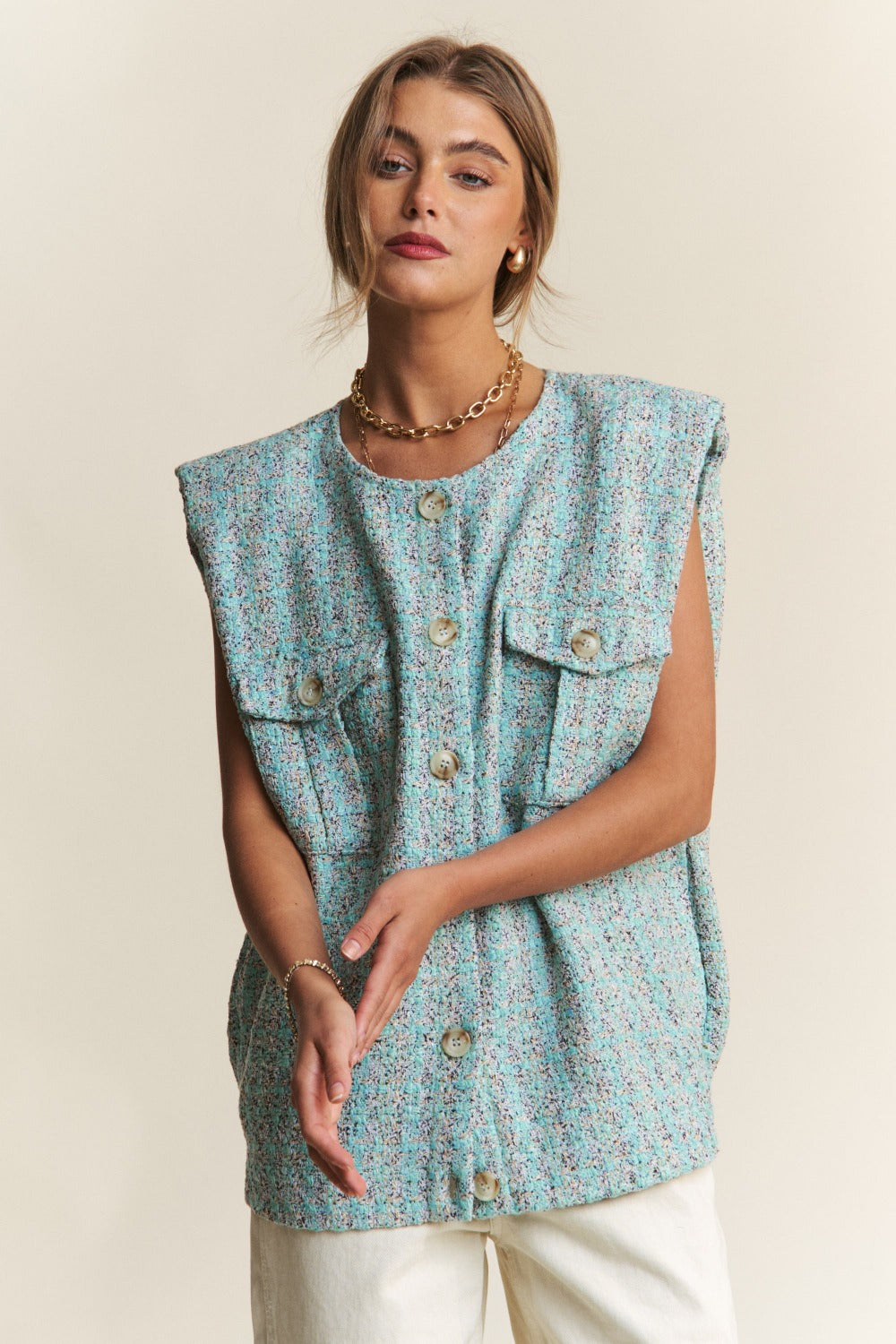 J.NNA Frayed Tweed Padded Shoulder Vest-TOPS / DRESSES-[Adult]-[Female]-Celeste Blue-S-2022 Online Blue Zone Planet