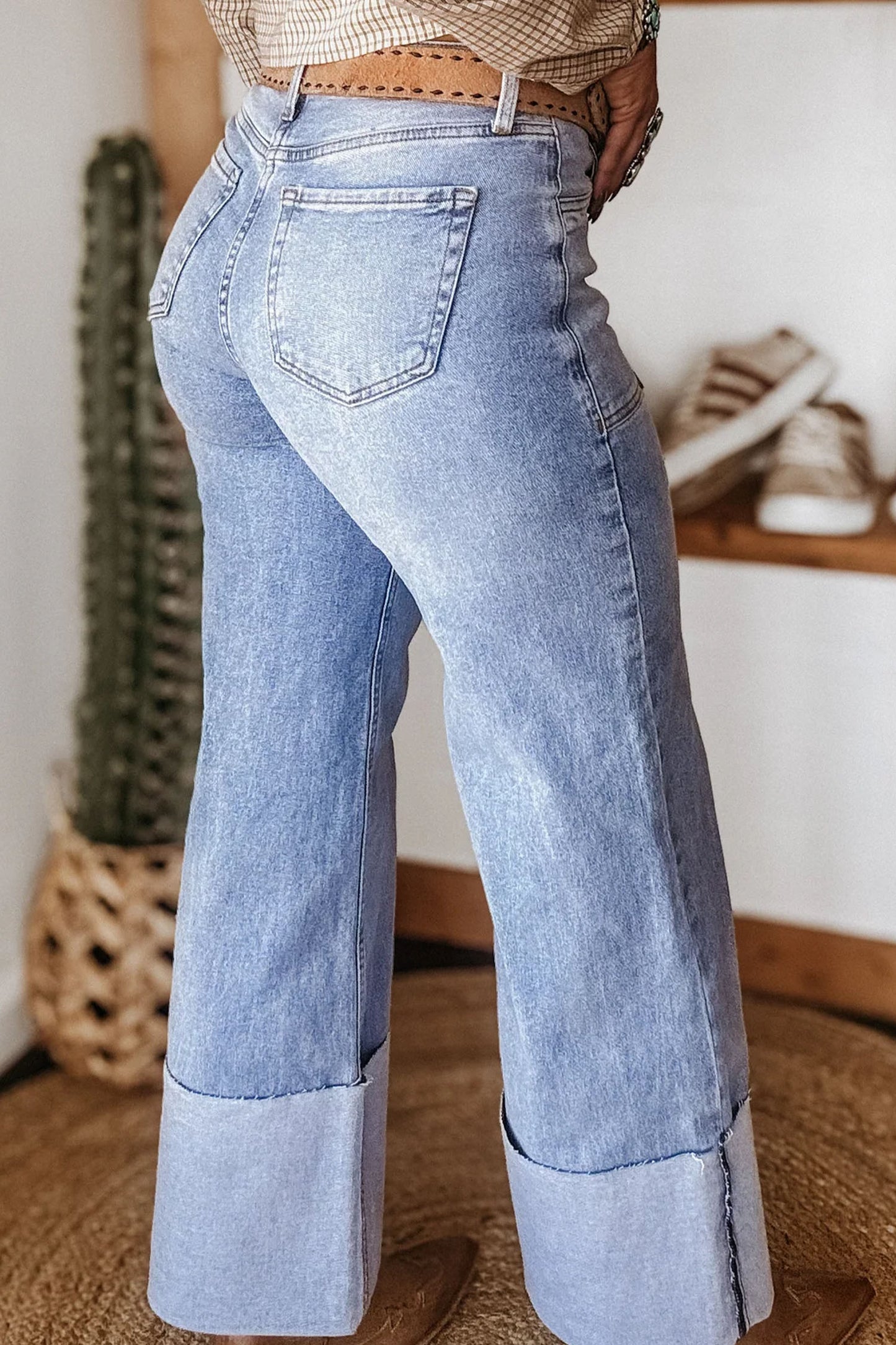 Beau Blue Turn-up Cuffs Womens Loose Jeans-Bottoms/Jeans-[Adult]-[Female]-2022 Online Blue Zone Planet