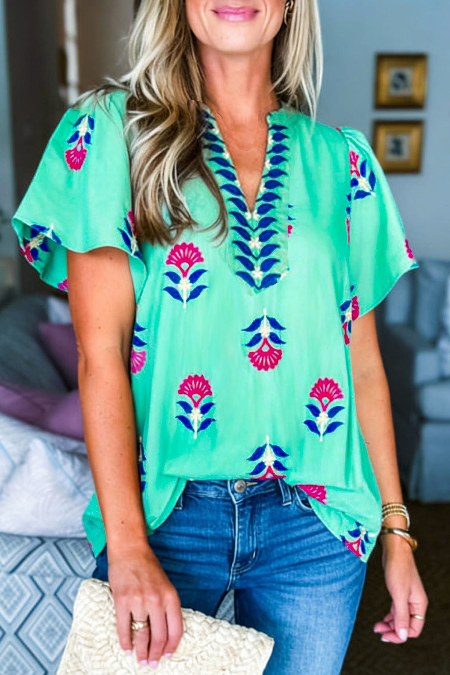 Green Floral V Neck Flutter Sleeve Blouse-Tops/Blouses & Shirts-[Adult]-[Female]-2022 Online Blue Zone Planet