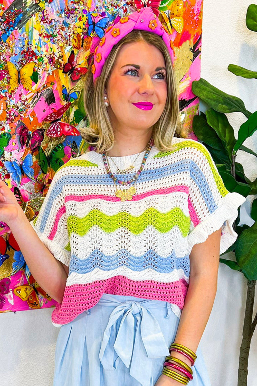 White Colorblock Crochet Knit Ruffled Short Sleeve Sweater Top-Sweaters & Cardigans/Short Sleeve Sweaters-[Adult]-[Female]-2022 Online Blue Zone Planet