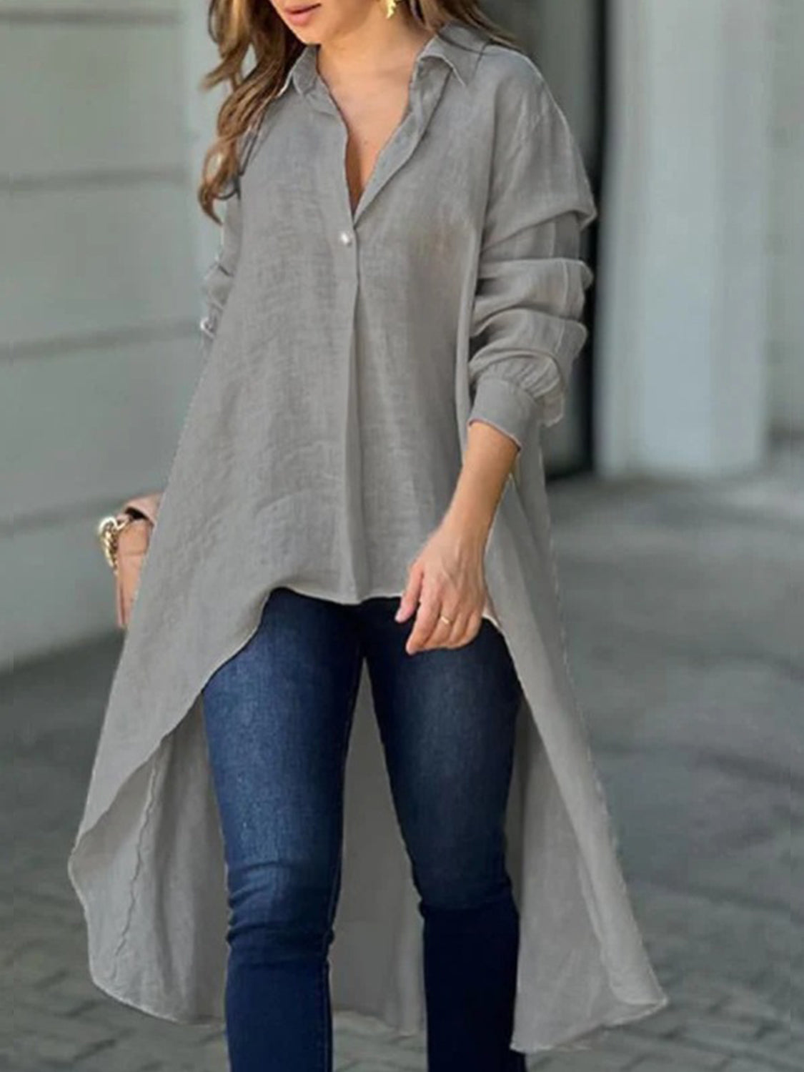 Full Size High-Low Collared Neck Long Sleeve Shirt-TOPS / DRESSES-[Adult]-[Female]-Dark Gray-S-2022 Online Blue Zone Planet