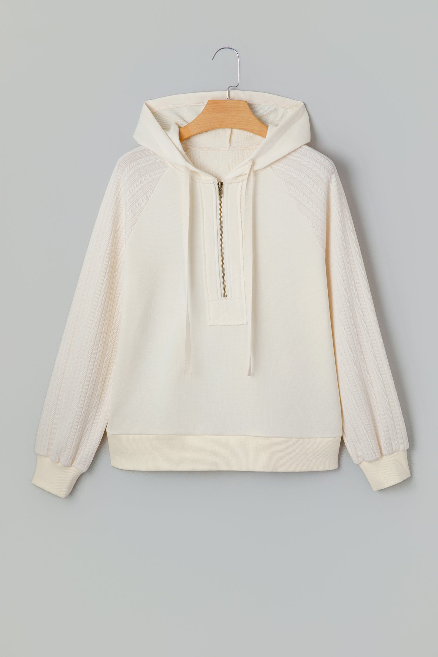 Beige Solid Color Textured Sleeve Patchwork Half Zip Hoodie-Tops/Sweatshirts & Hoodies-[Adult]-[Female]-2022 Online Blue Zone Planet