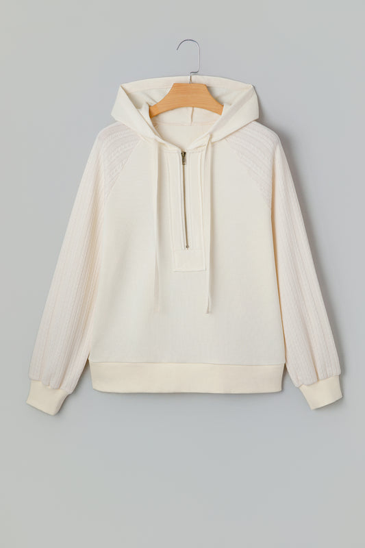 Beige Solid Color Textured Sleeve Patchwork Half Zip Hoodie-Tops/Sweatshirts & Hoodies-[Adult]-[Female]-2022 Online Blue Zone Planet