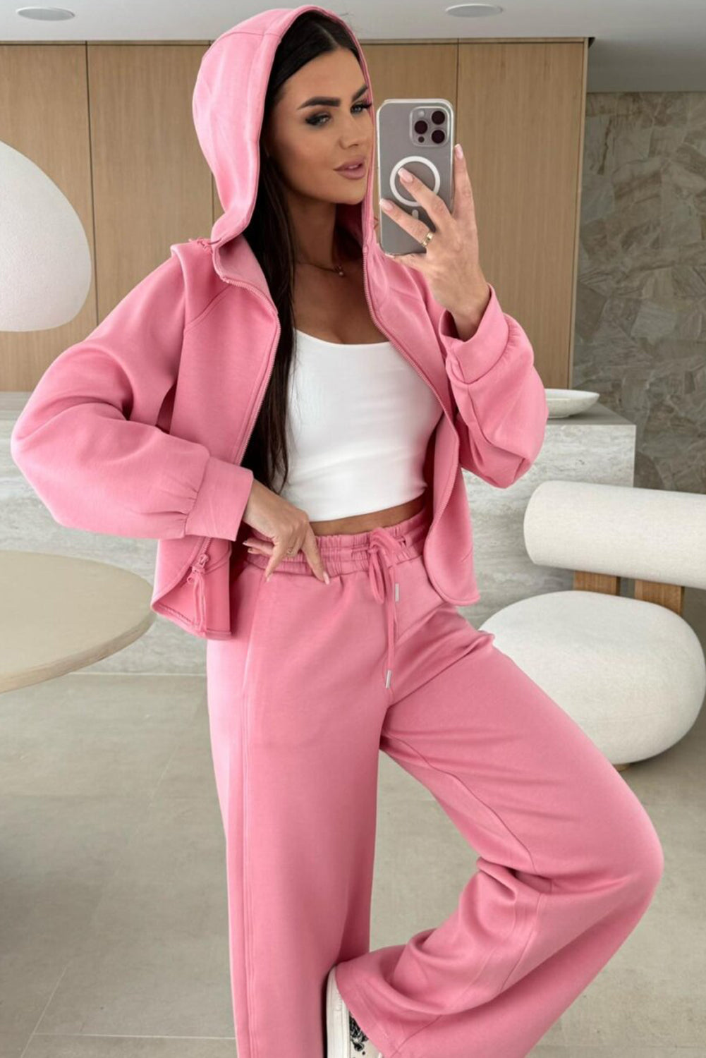 Pink Solid Color Zip Up Hoodie Drawstring Loose Pants Set-Tops / Dresses-[Adult]-[Female]-2022 Online Blue Zone Planet