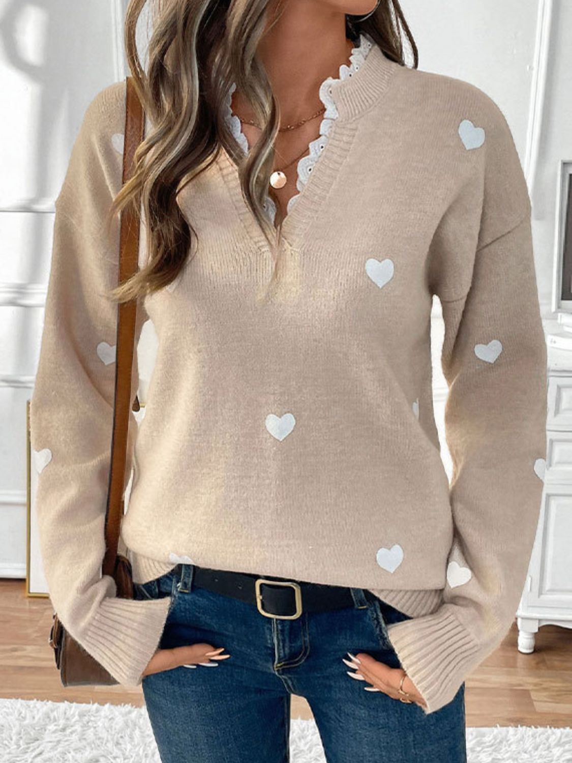 Perfee Lace Detail Notched Long Sleeve Sweater-TOPS / DRESSES-[Adult]-[Female]-Tan-S-2022 Online Blue Zone Planet